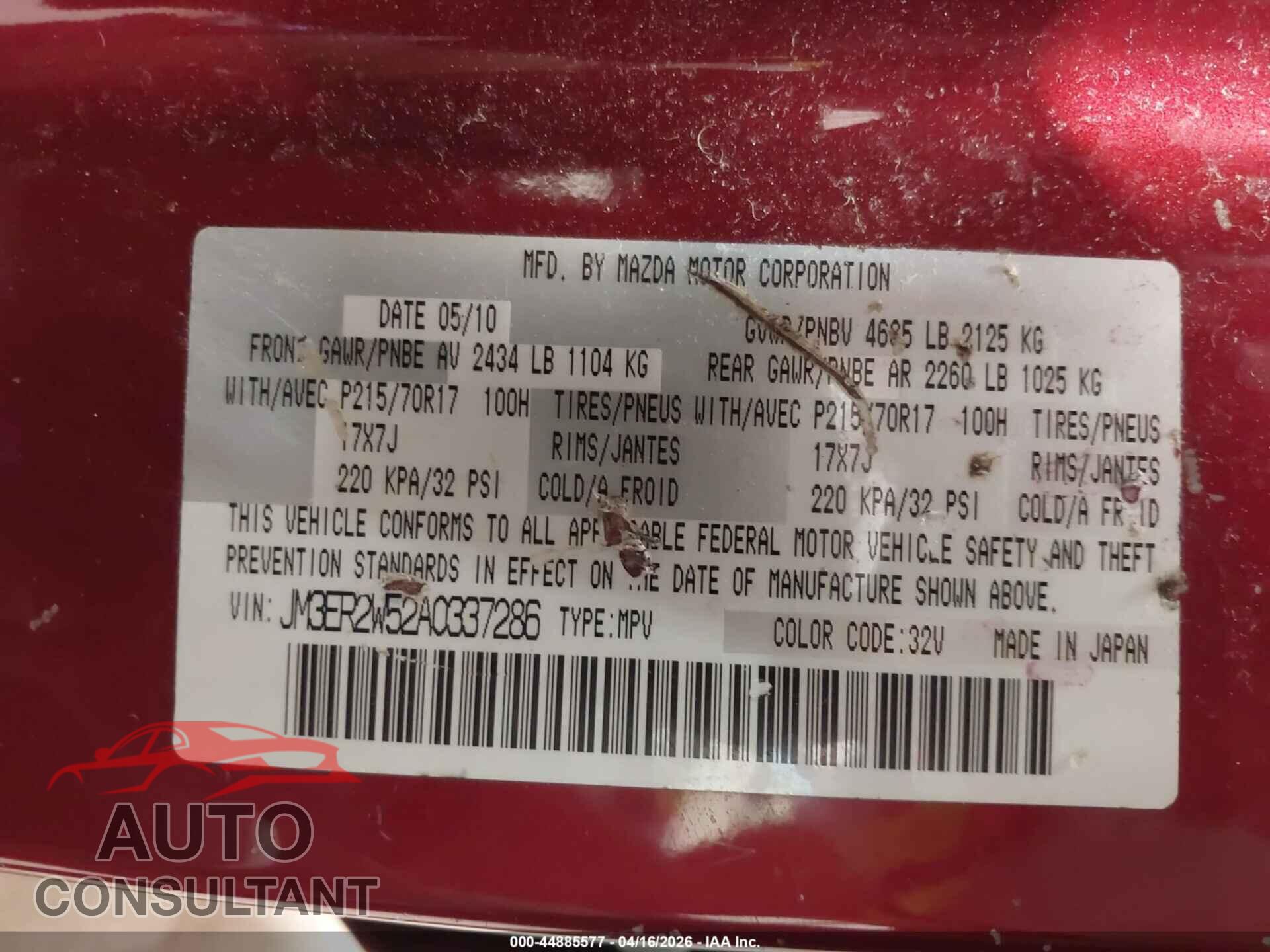 MAZDA CX-7 2010 - JM3ER2W52A0337286