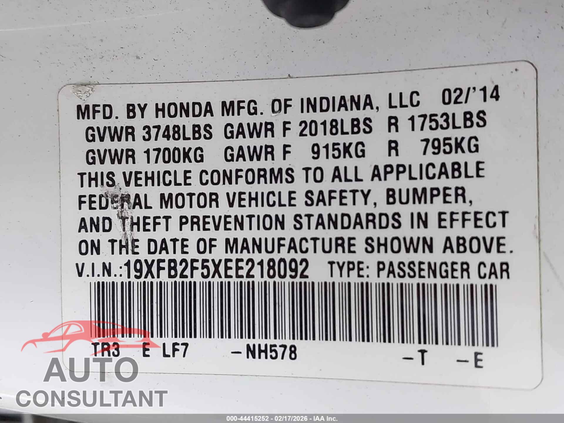 HONDA CIVIC 2014 - 19XFB2F5XEE218092