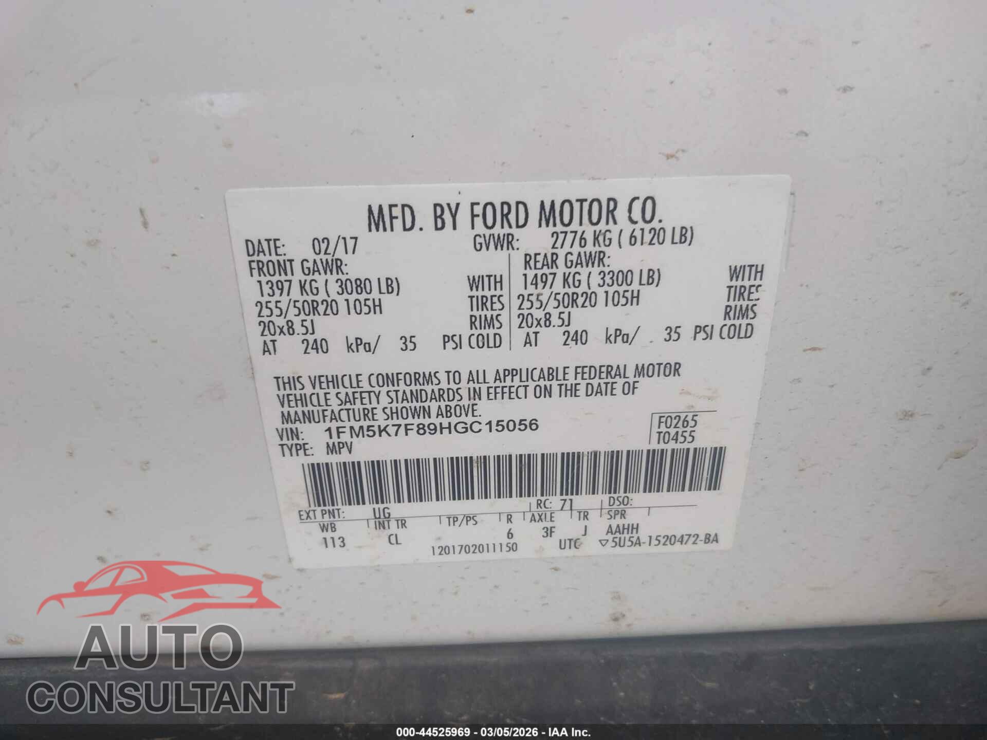 FORD EXPLORER 2017 - 1FM5K7F89HGC15056
