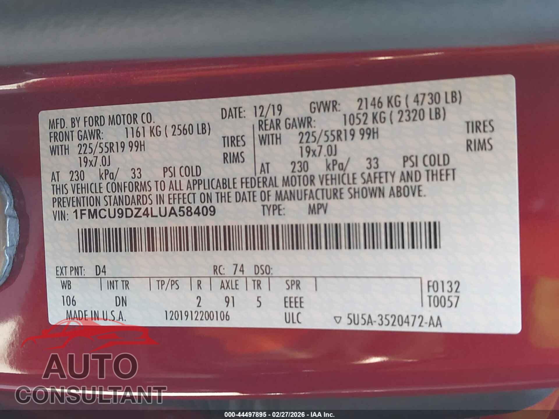 FORD ESCAPE 2020 - 1FMCU9DZ4LUA58409