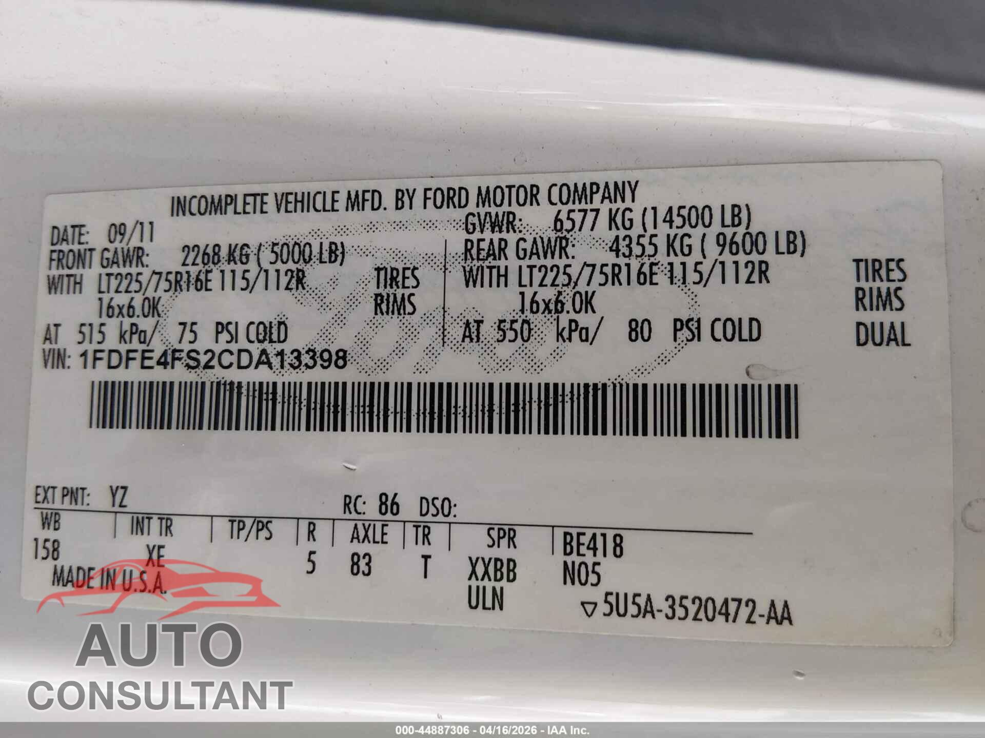 FORD E-450 CUTAWAY 2012 - 1FDFE4FS2CDA13398