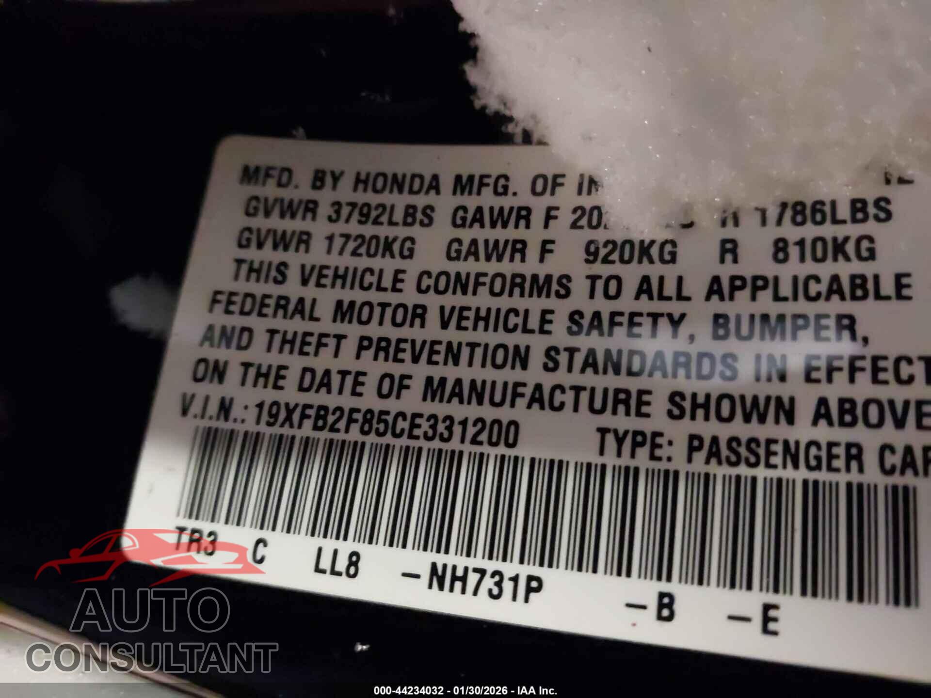 HONDA CIVIC 2012 - 19XFB2F85CE331200