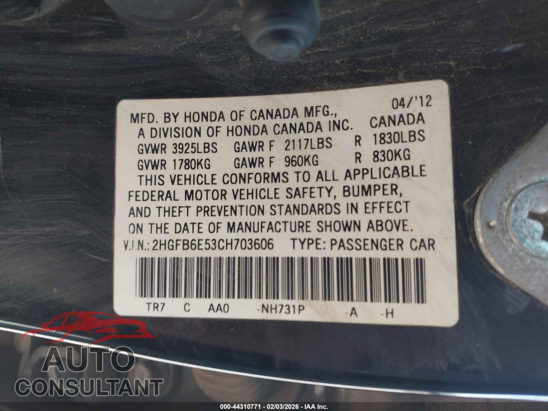 HONDA CIVIC 2012 - 2HGFB6E53CH703606