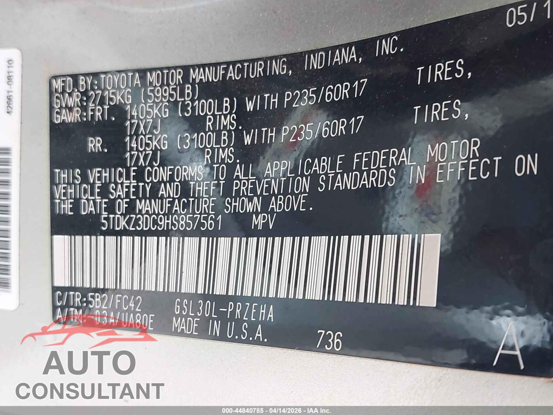 TOYOTA SIENNA 2017 - 5TDKZ3DC9HS857561