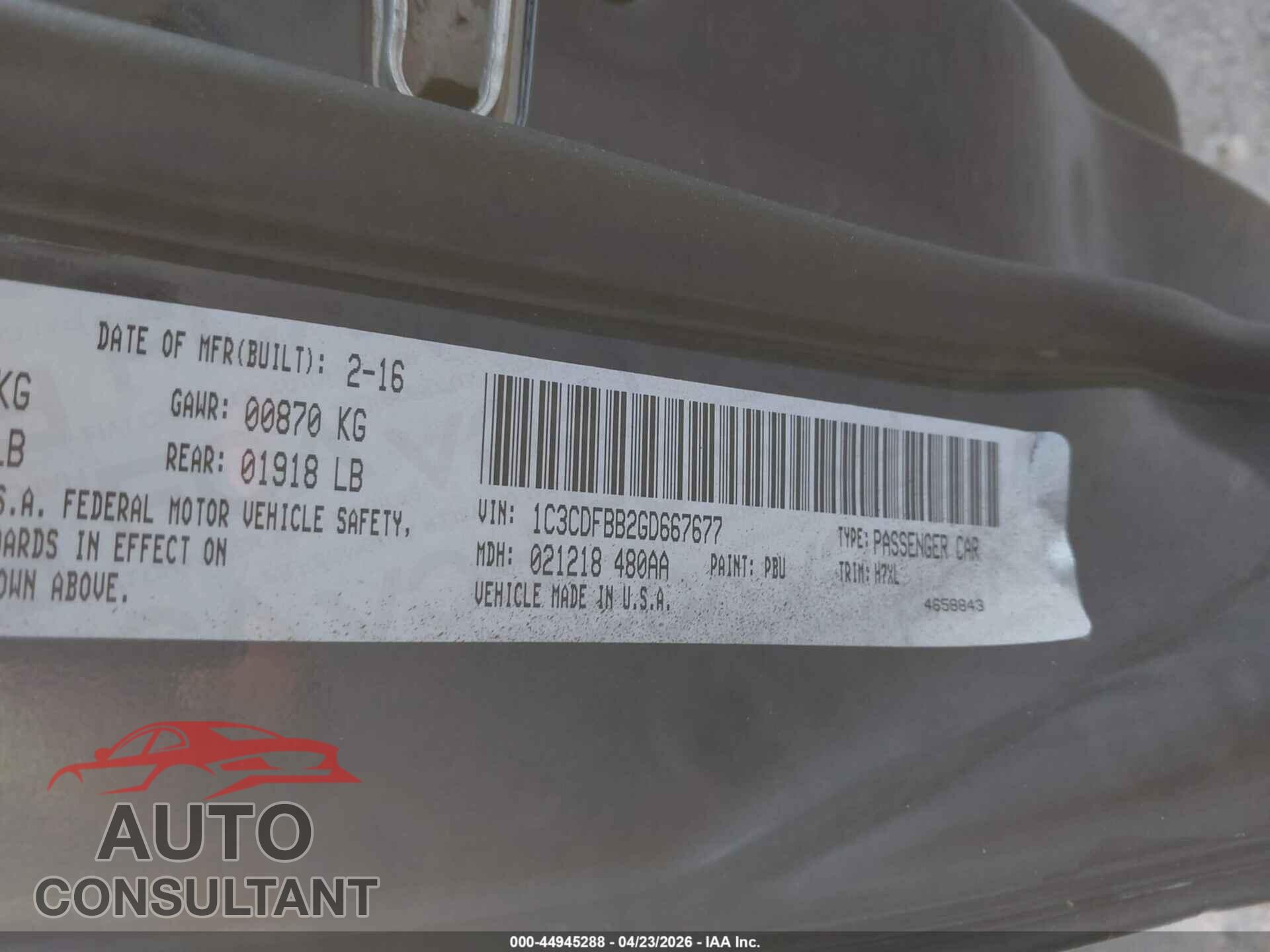 DODGE DART 2016 - 1C3CDFBB2GD667677