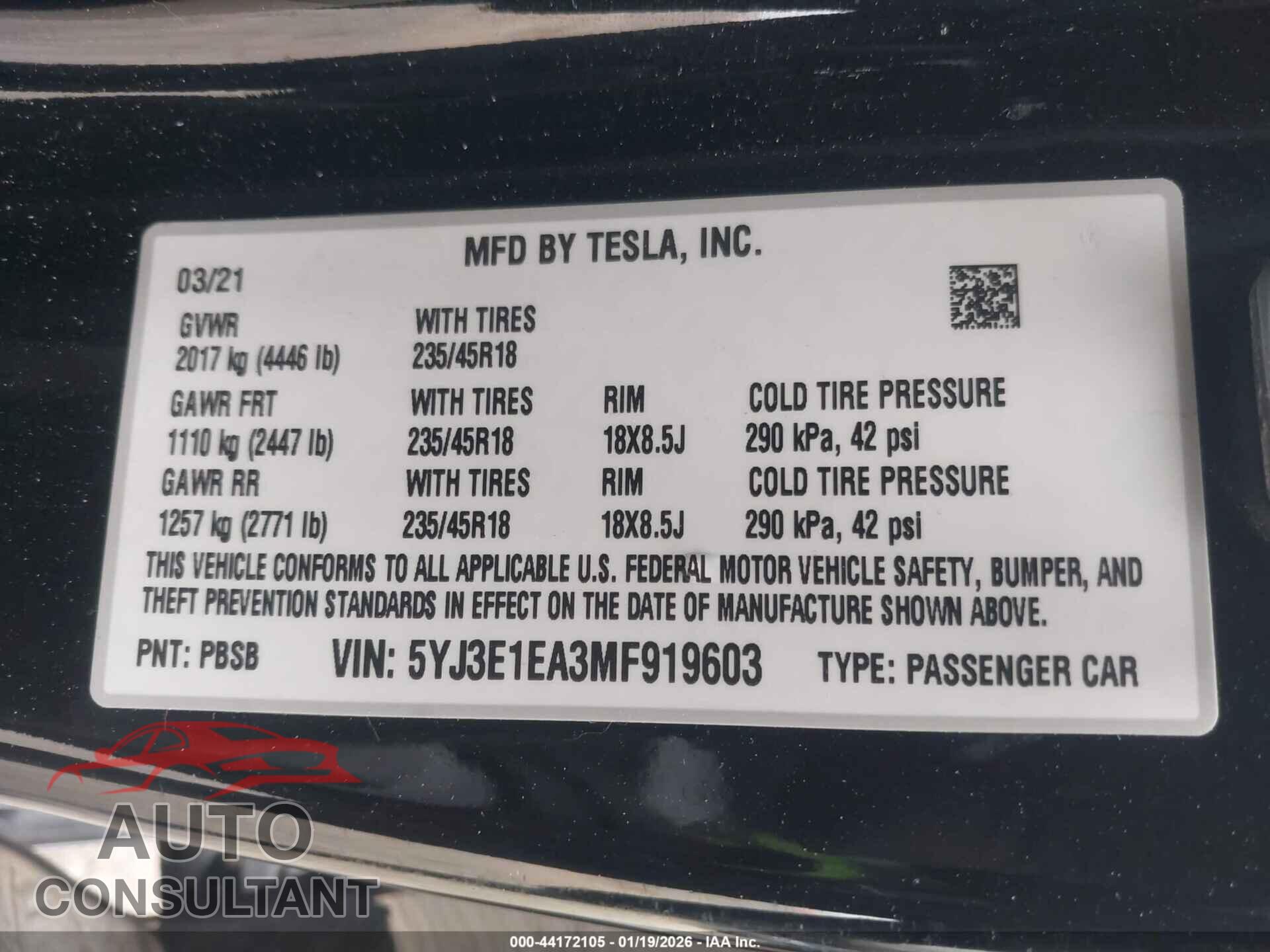TESLA MODEL 3 2021 - 5YJ3E1EA3MF919603