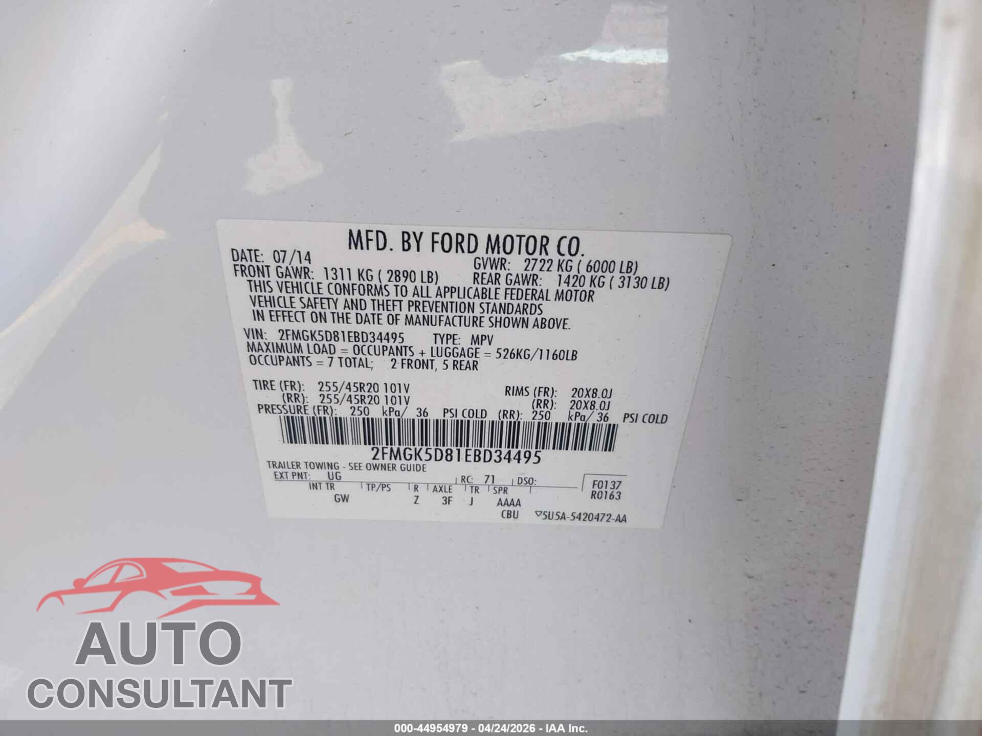 FORD FLEX 2014 - 2FMGK5D81EBD34495
