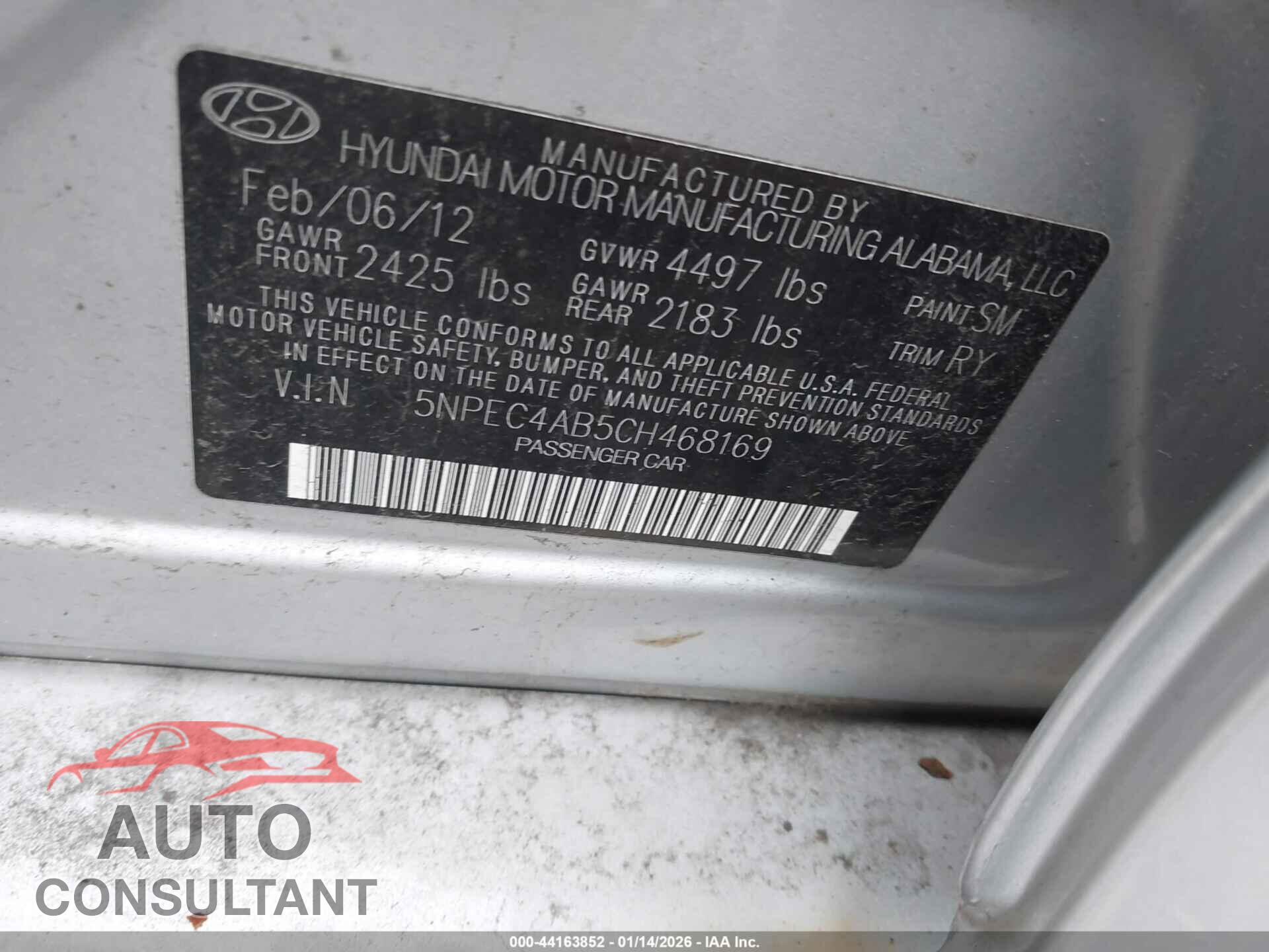 HYUNDAI SONATA 2012 - 5NPEC4AB5CH468169
