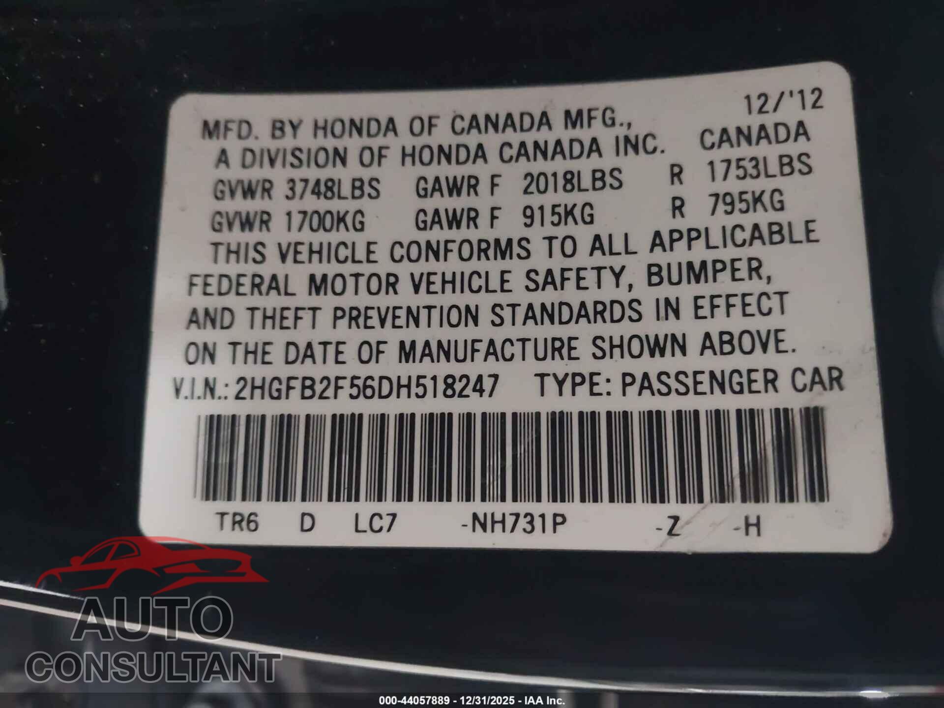 HONDA CIVIC 2013 - 2HGFB2F56DH518247