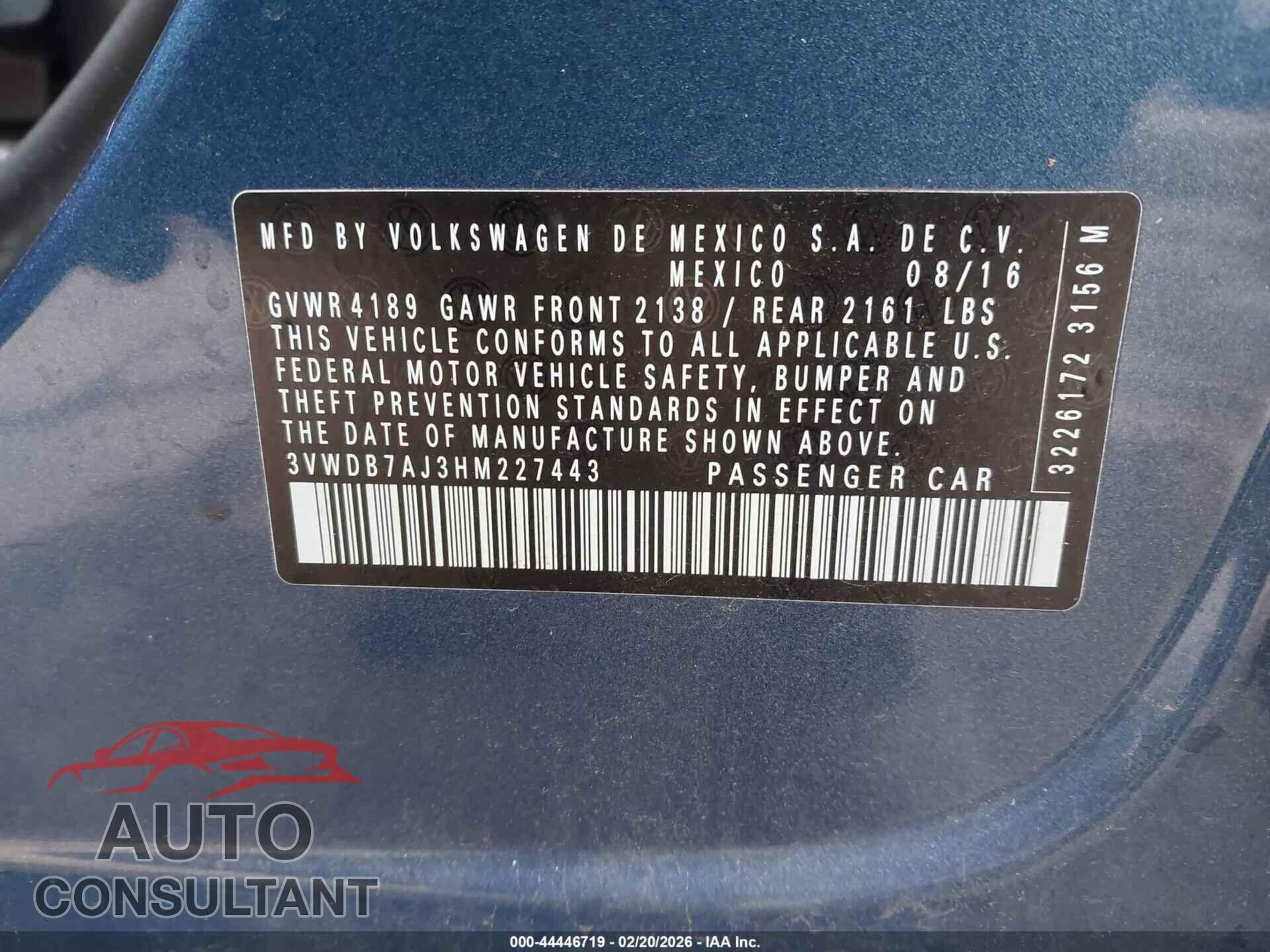 VOLKSWAGEN JETTA 2017 - 3VWDB7AJ3HM227443