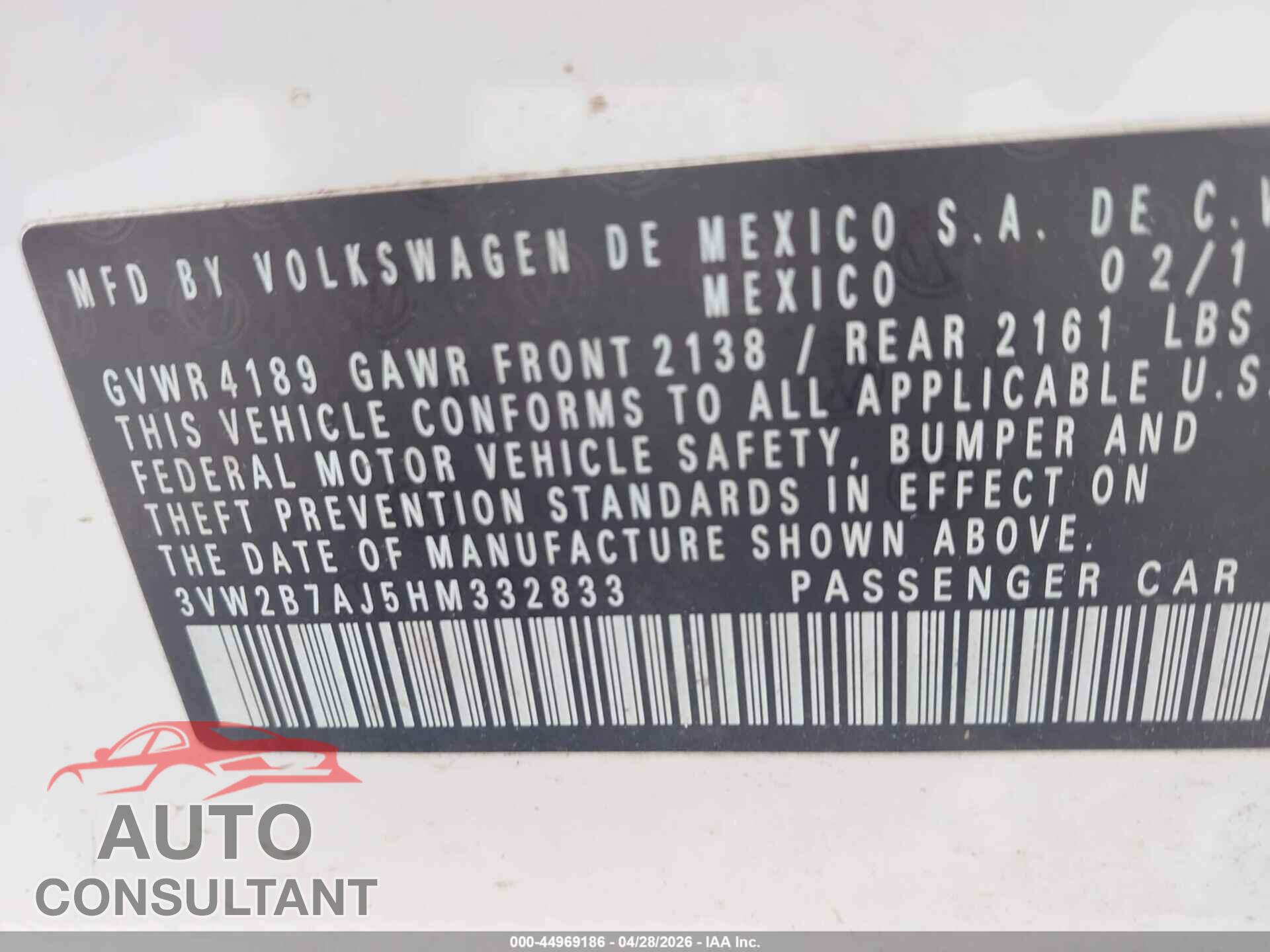 VOLKSWAGEN JETTA 2017 - 3VW2B7AJ5HM332833