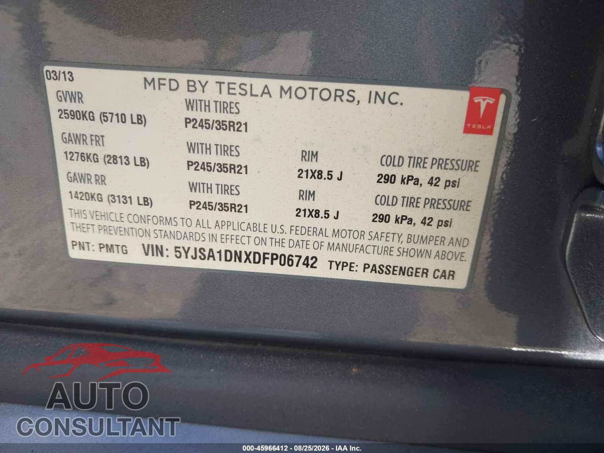 TESLA MODEL S 2013 - 5YJSA1DNXDFP06742