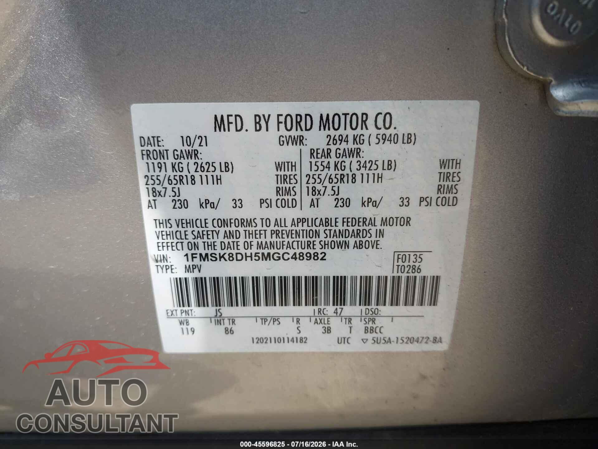 FORD EXPLORER 2021 - 1FMSK8DH5MGC48982