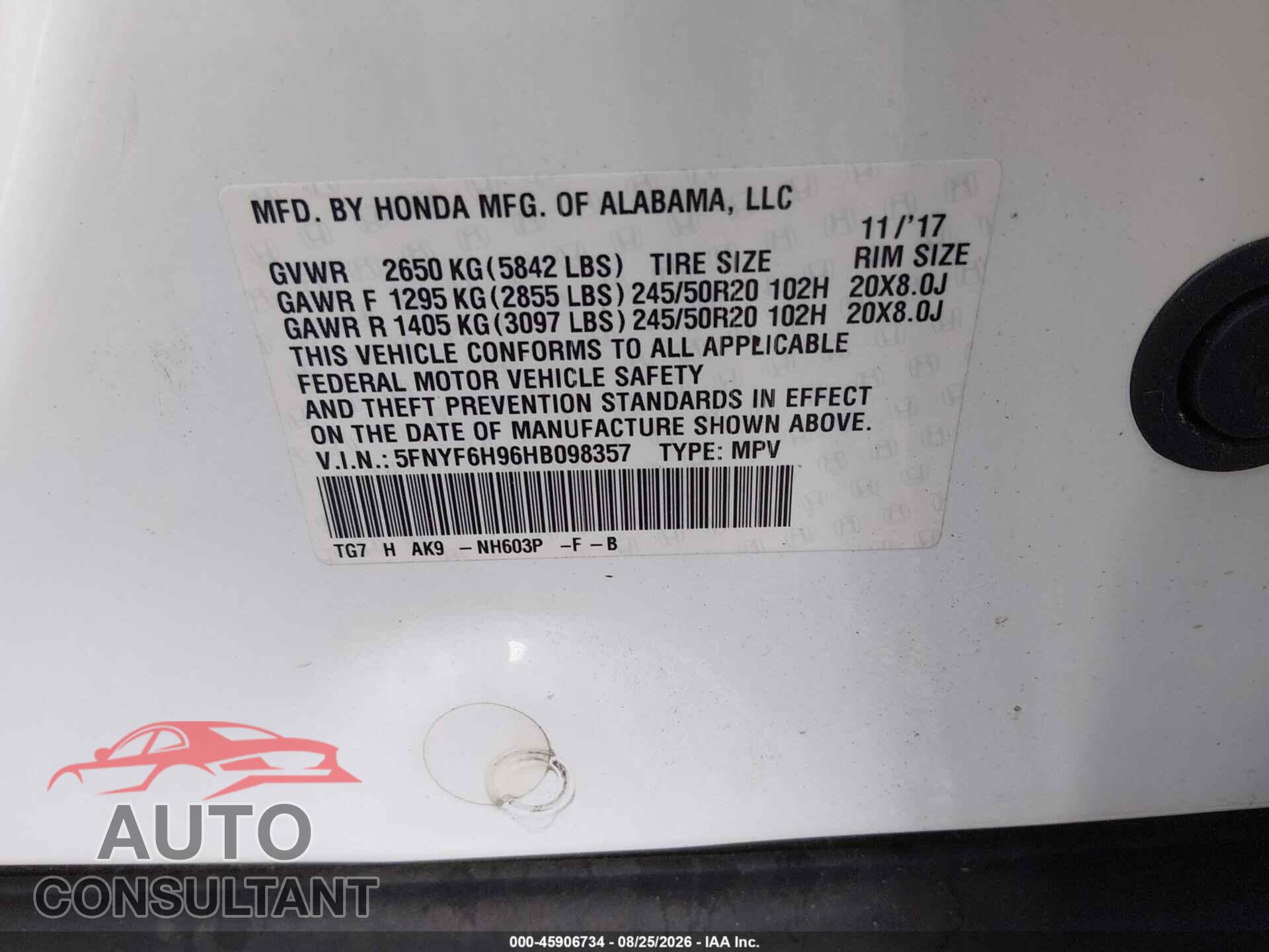 HONDA PILOT 2017 - 5FNYF6H96HB098357