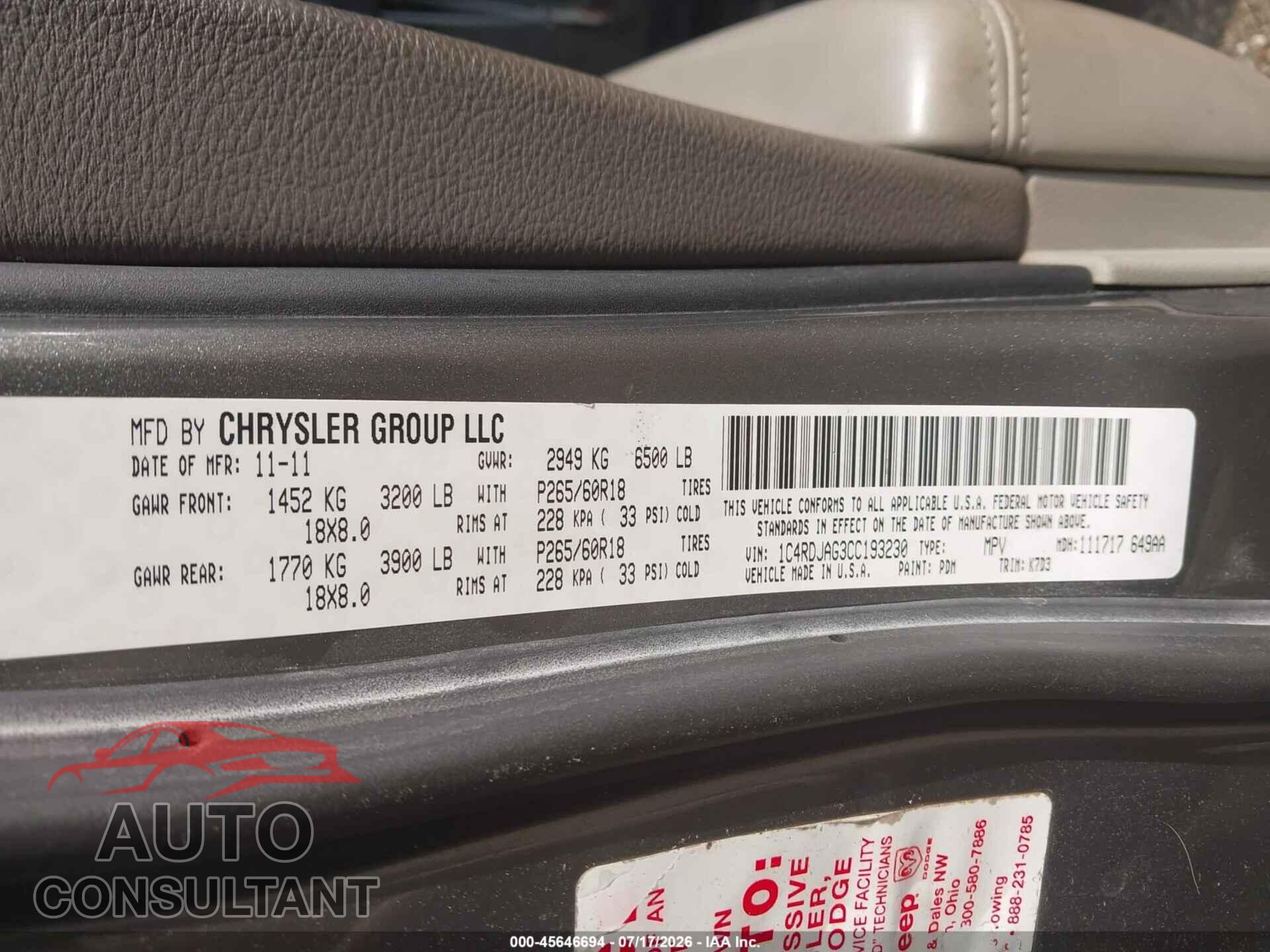 DODGE DURANGO 2012 - 1C4RDJAG3CC193230
