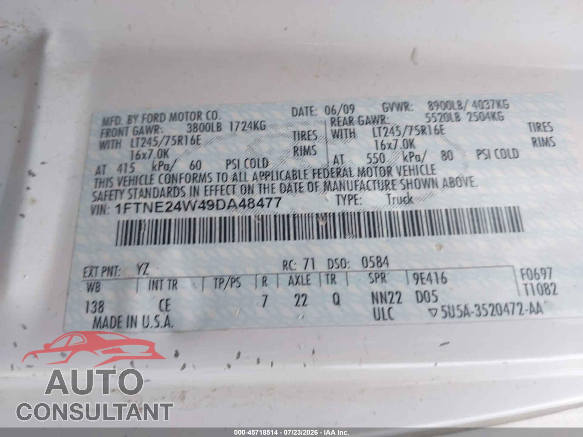 FORD E-250 2009 - 1FTNE24W49DA48477