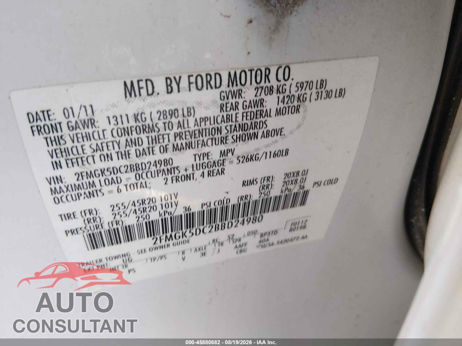 FORD FLEX 2011 - 2FMGK5DC2BBD24980