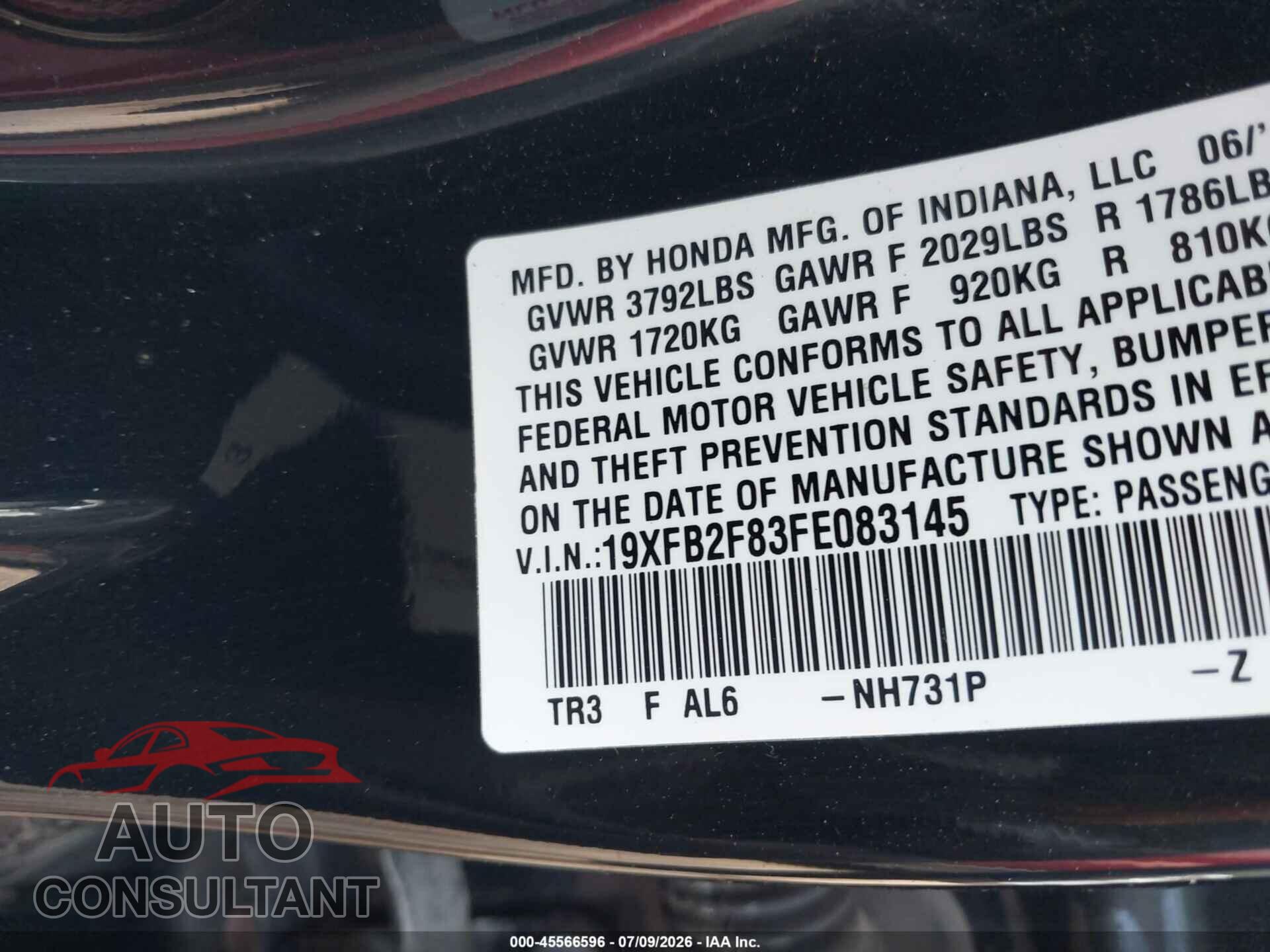 HONDA CIVIC 2015 - 19XFB2F83FE083145