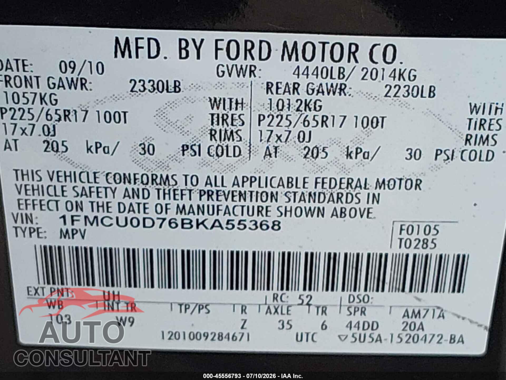 FORD ESCAPE 2011 - 1FMCU0D76BKA55368
