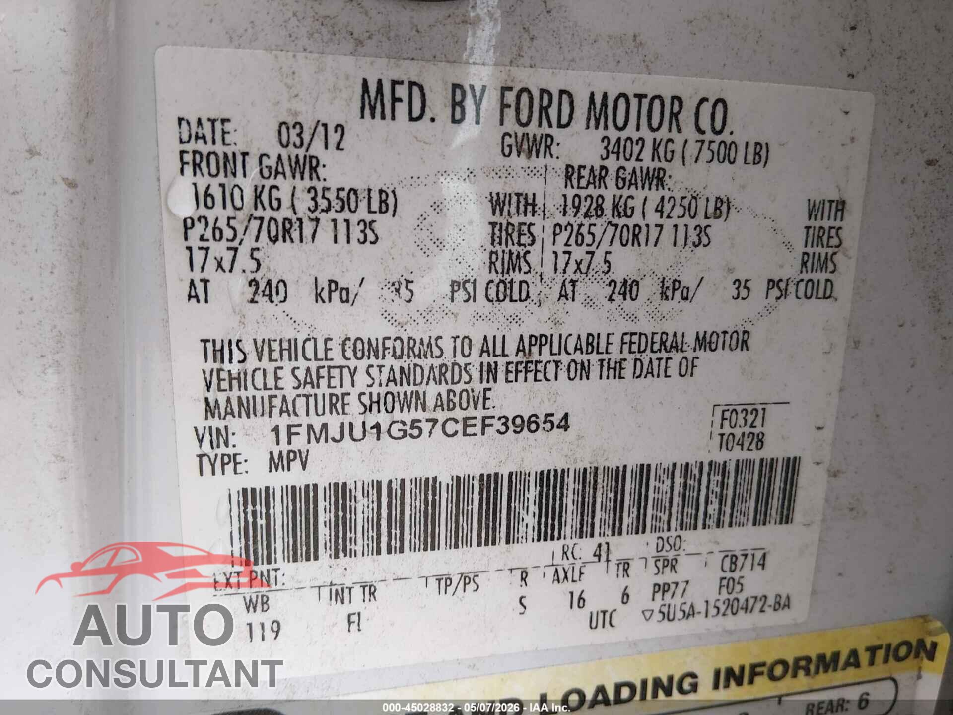 FORD EXPEDITION 2012 - 1FMJU1G57CEF39654