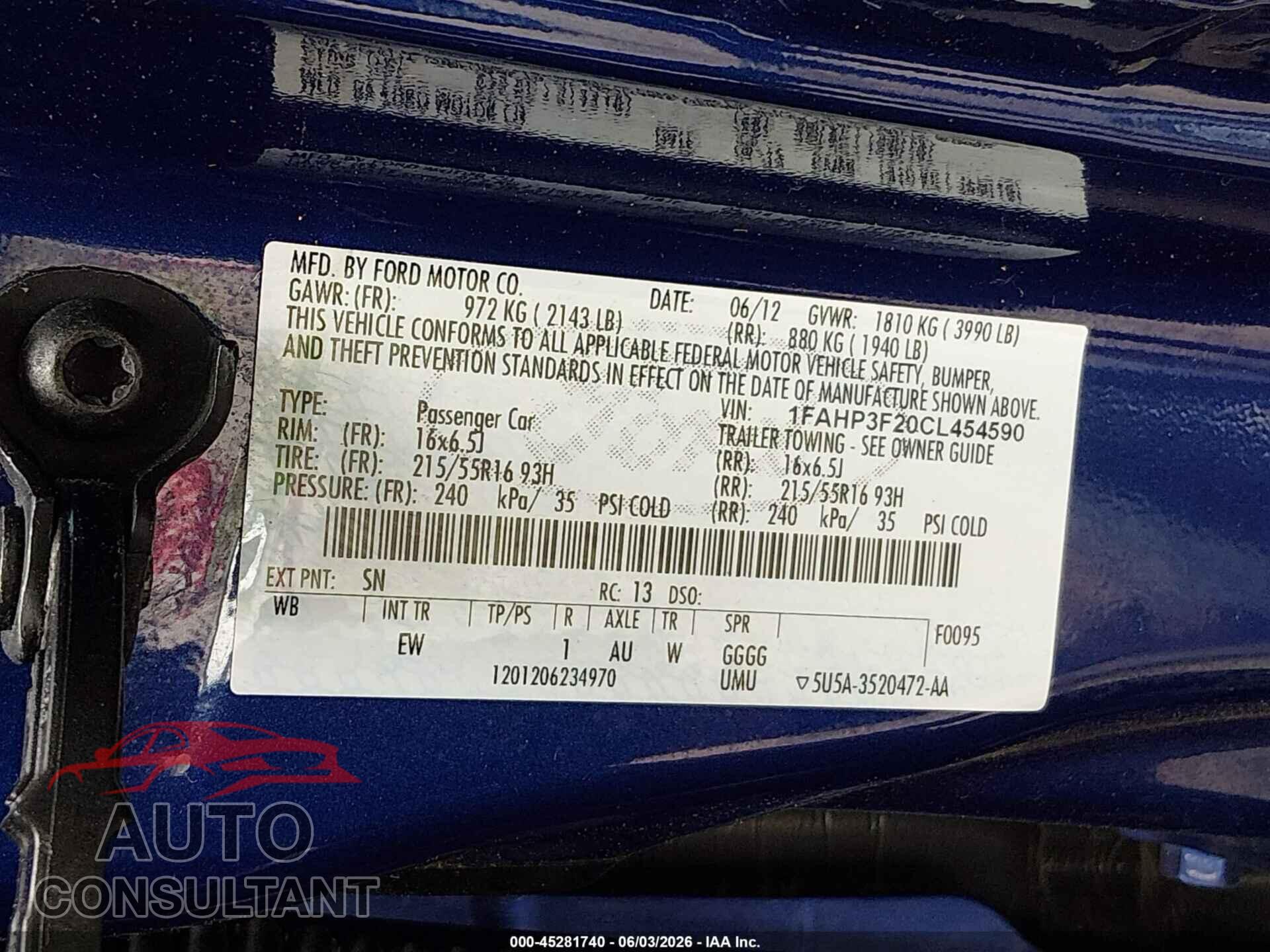 FORD FOCUS 2012 - 1FAHP3F20CL454590
