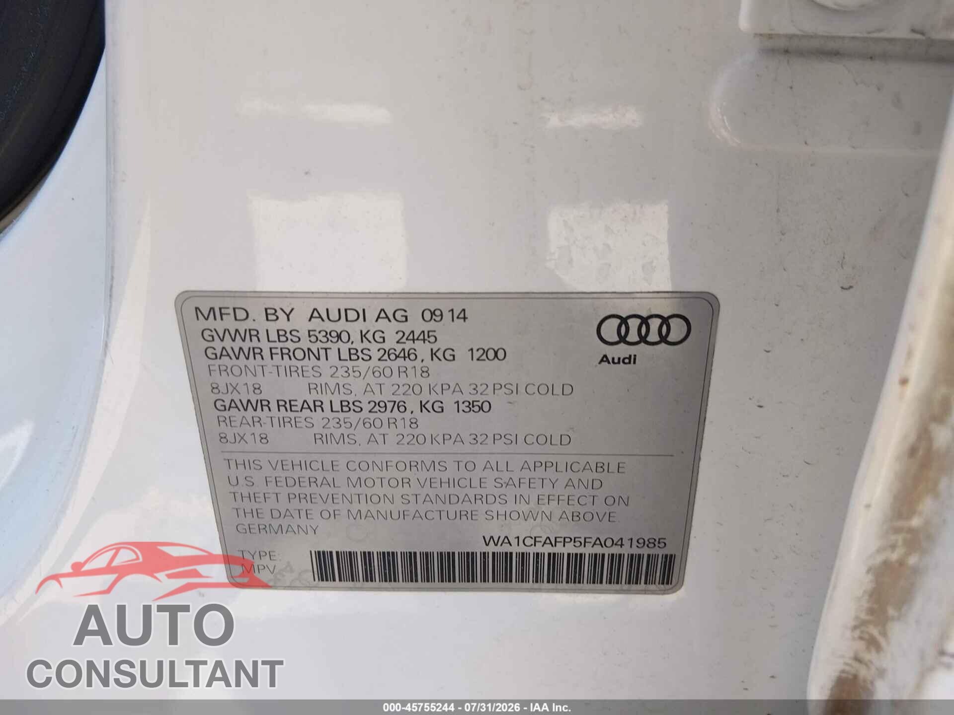 AUDI Q5 2015 - WA1CFAFP5FA041985