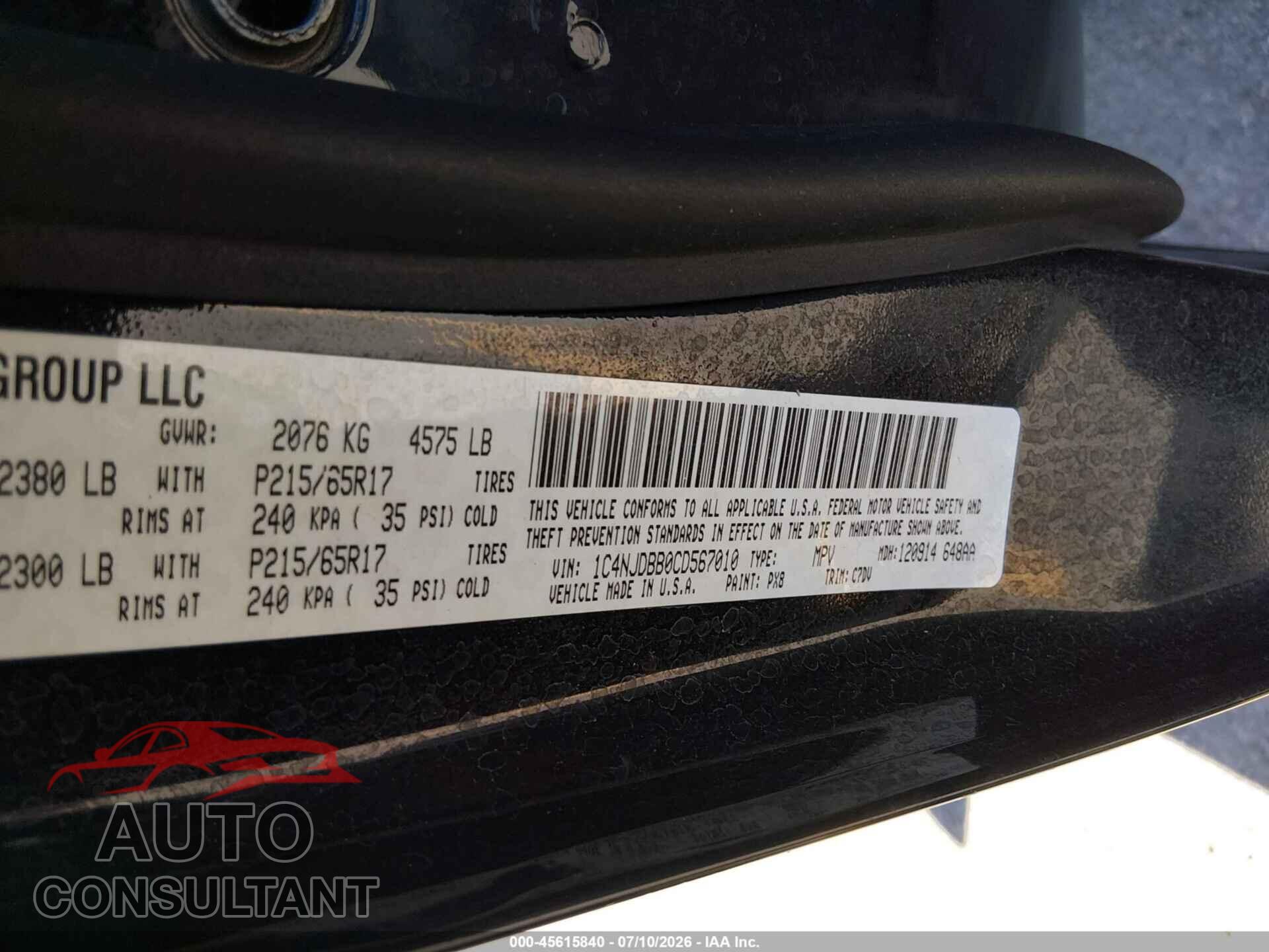 JEEP COMPASS 2012 - 1C4NJDBB0CD567010