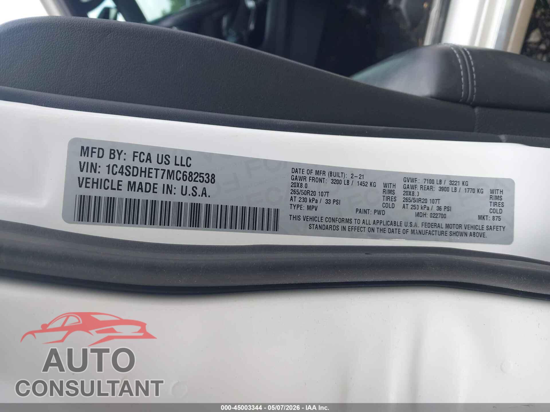 DODGE DURANGO 2021 - 1C4SDHET7MC682538