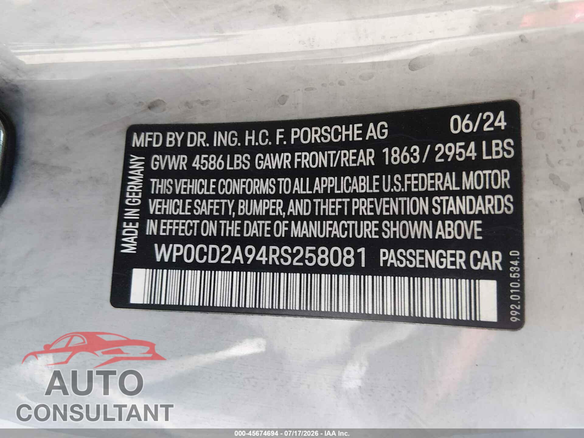 PORSCHE 911 2024 - WP0CD2A94RS258081