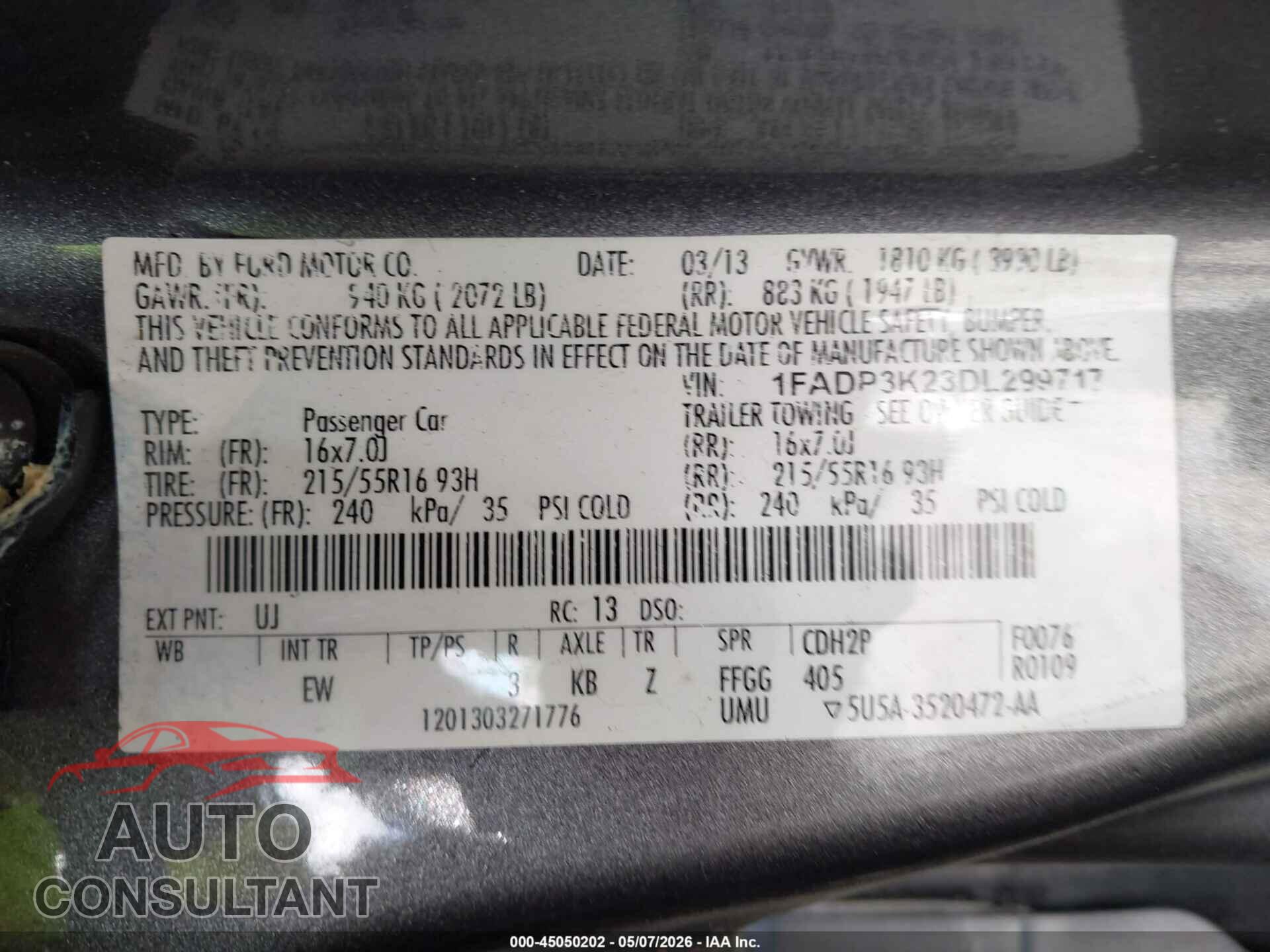 FORD FOCUS 2013 - 1FADP3K23DL299717