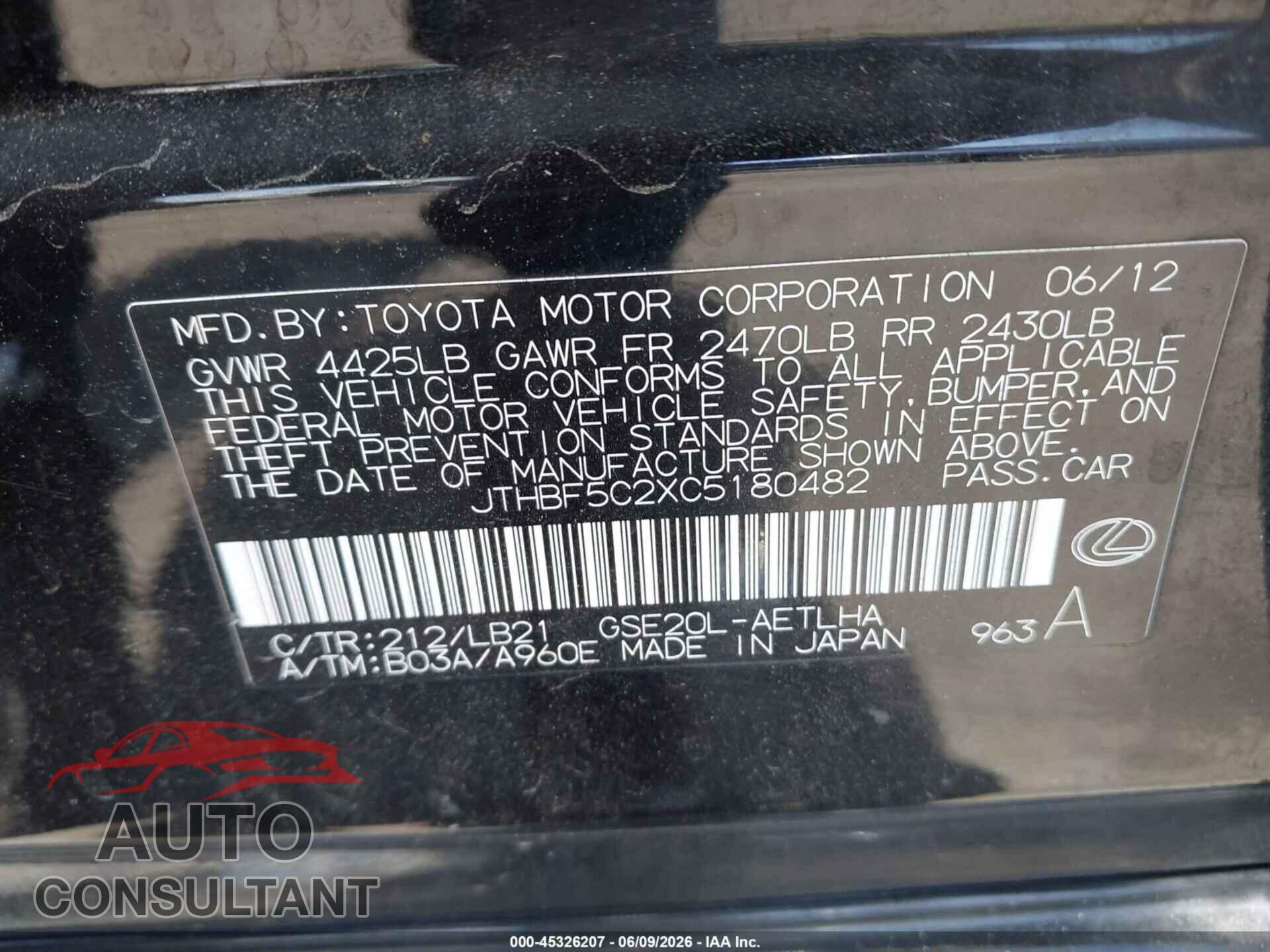 LEXUS IS 250 2012 - JTHBF5C2XC5180482