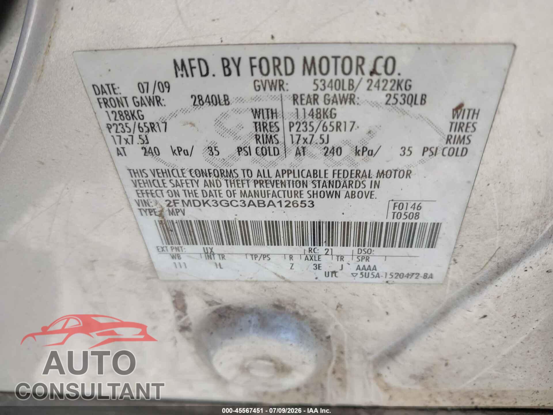 FORD EDGE 2010 - 2FMDK3GC3ABA12653