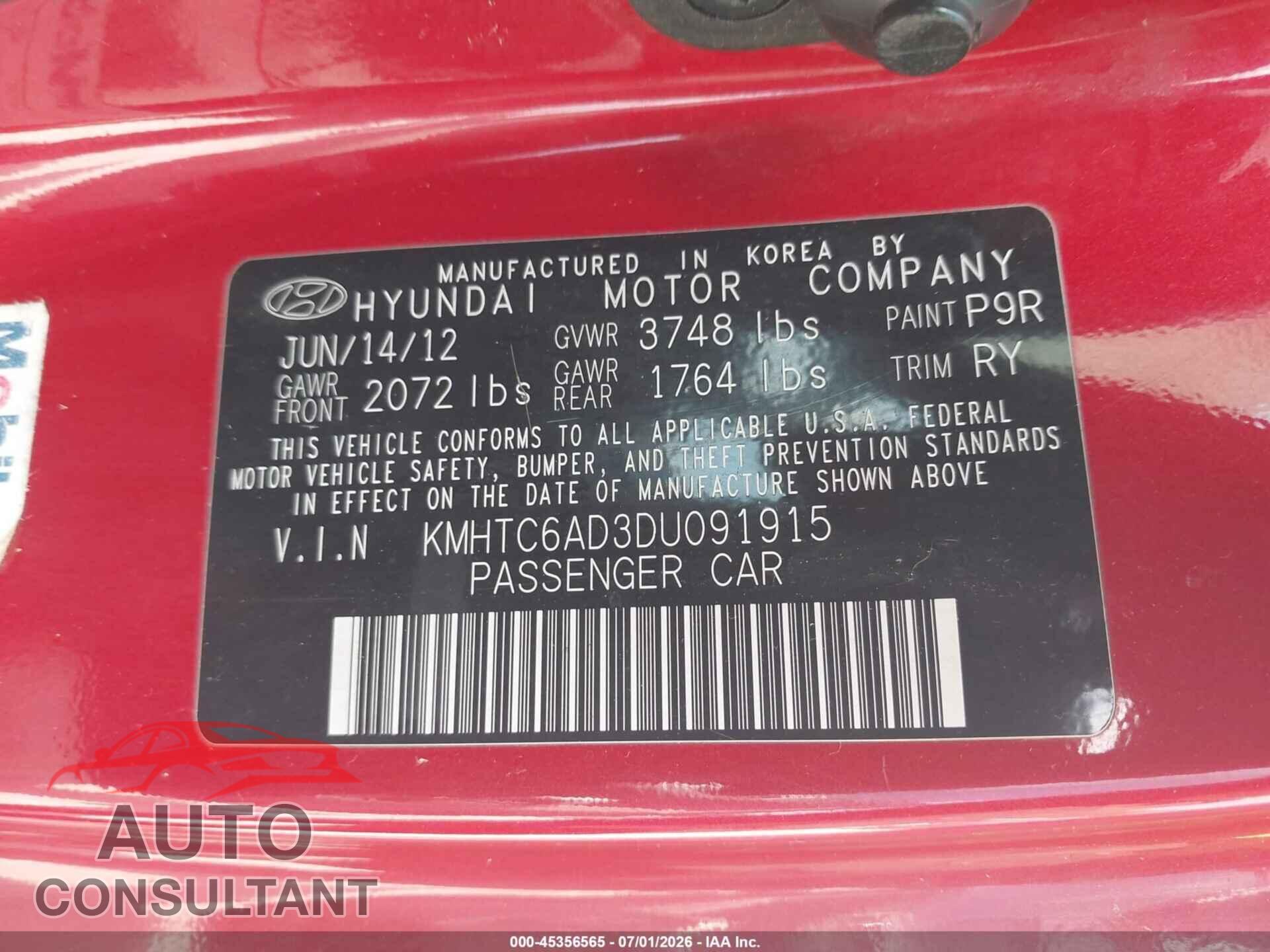 HYUNDAI VELOSTER 2013 - KMHTC6AD3DU091915