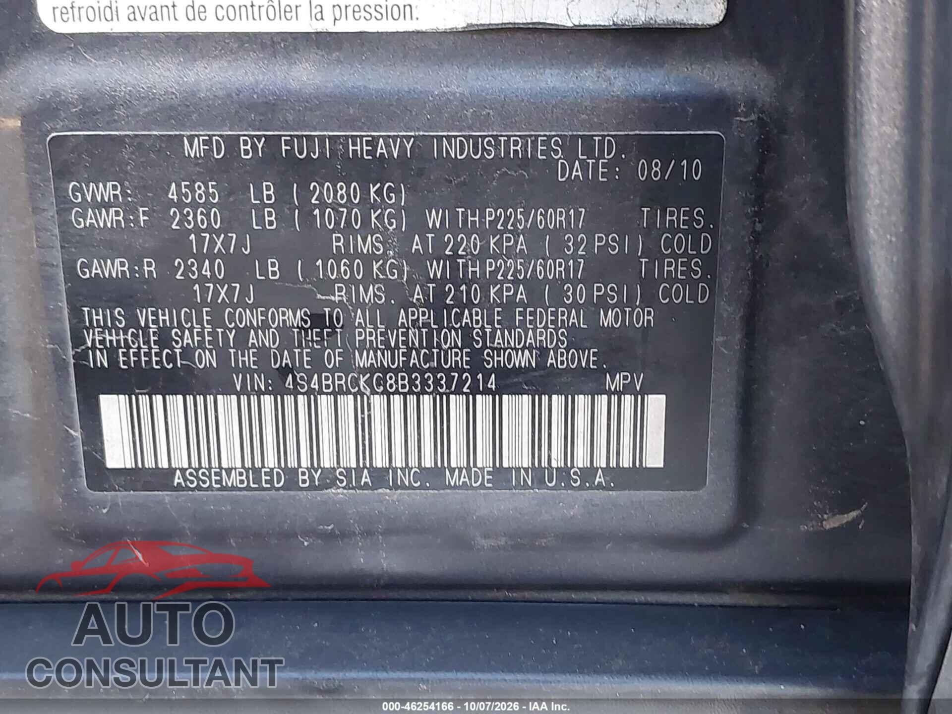 SUBARU OUTBACK 2011 - 4S4BRCKC8B3337214