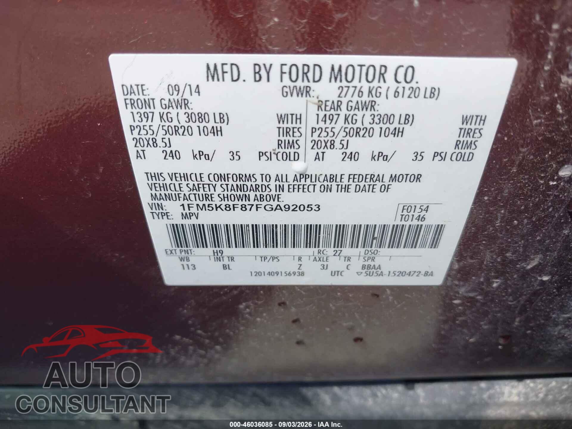 FORD EXPLORER 2015 - 1FM5K8F87FGA92053