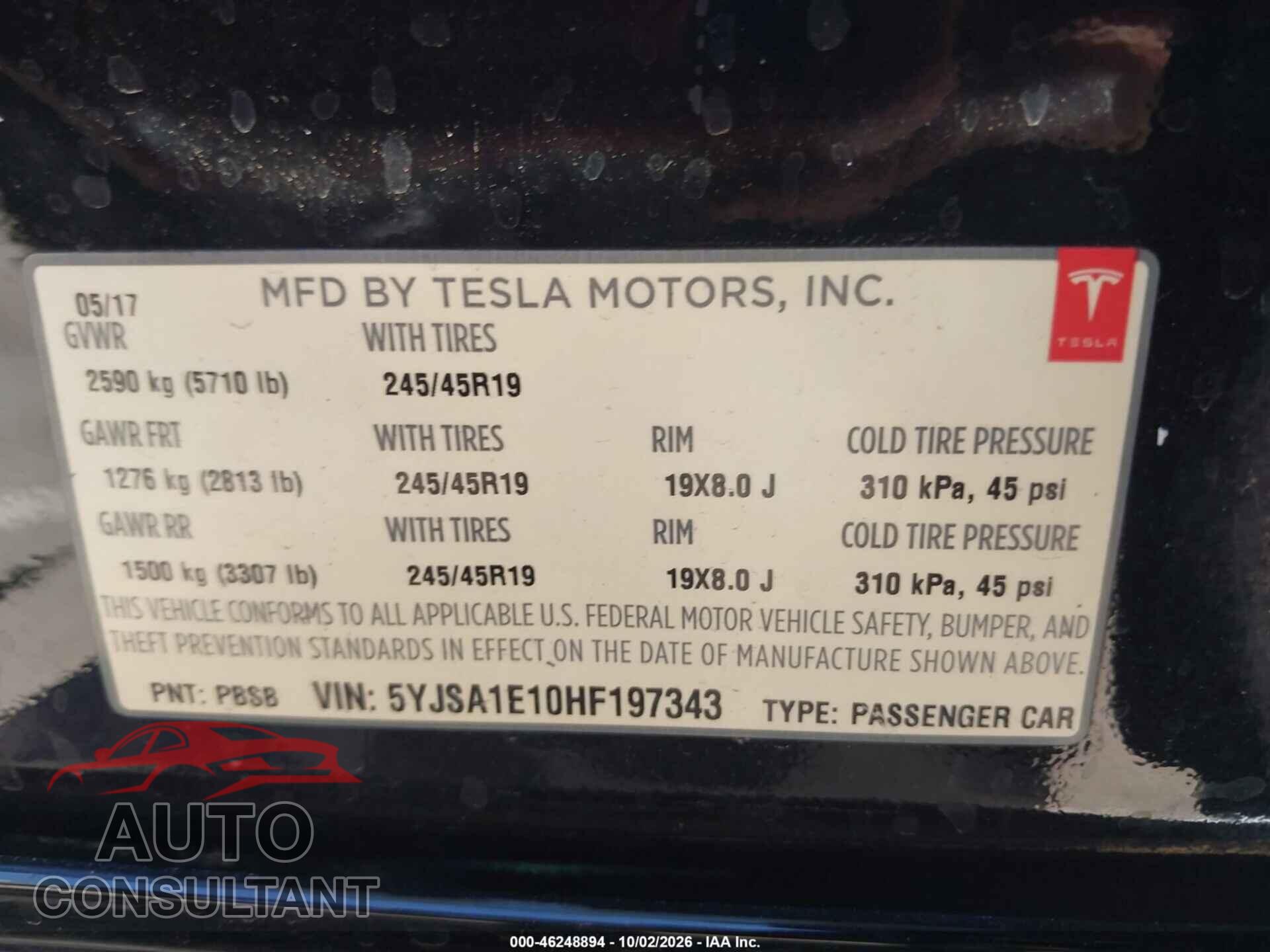 TESLA MODEL S 2017 - 5YJSA1E10HF197343