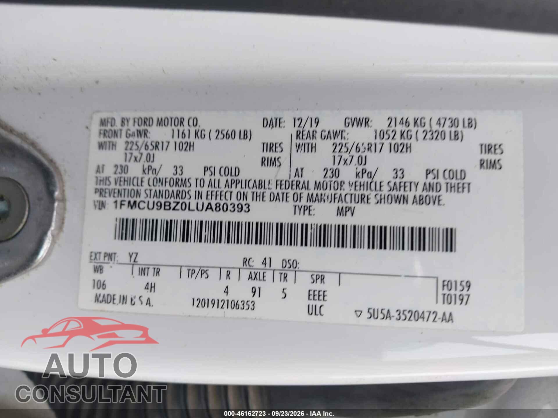 FORD ESCAPE 2020 - 1FMCU9BZ0LUA80393