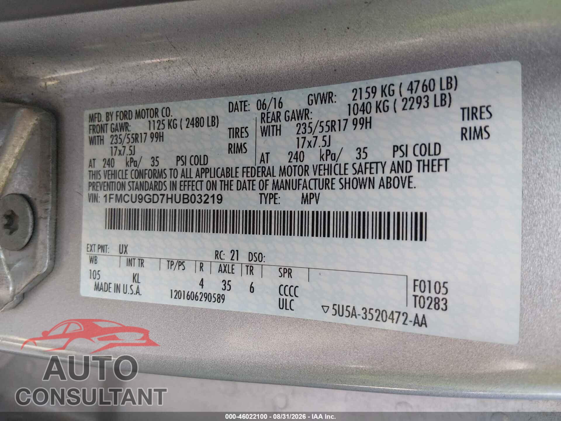 FORD ESCAPE 2017 - 1FMCU9GD7HUB03219