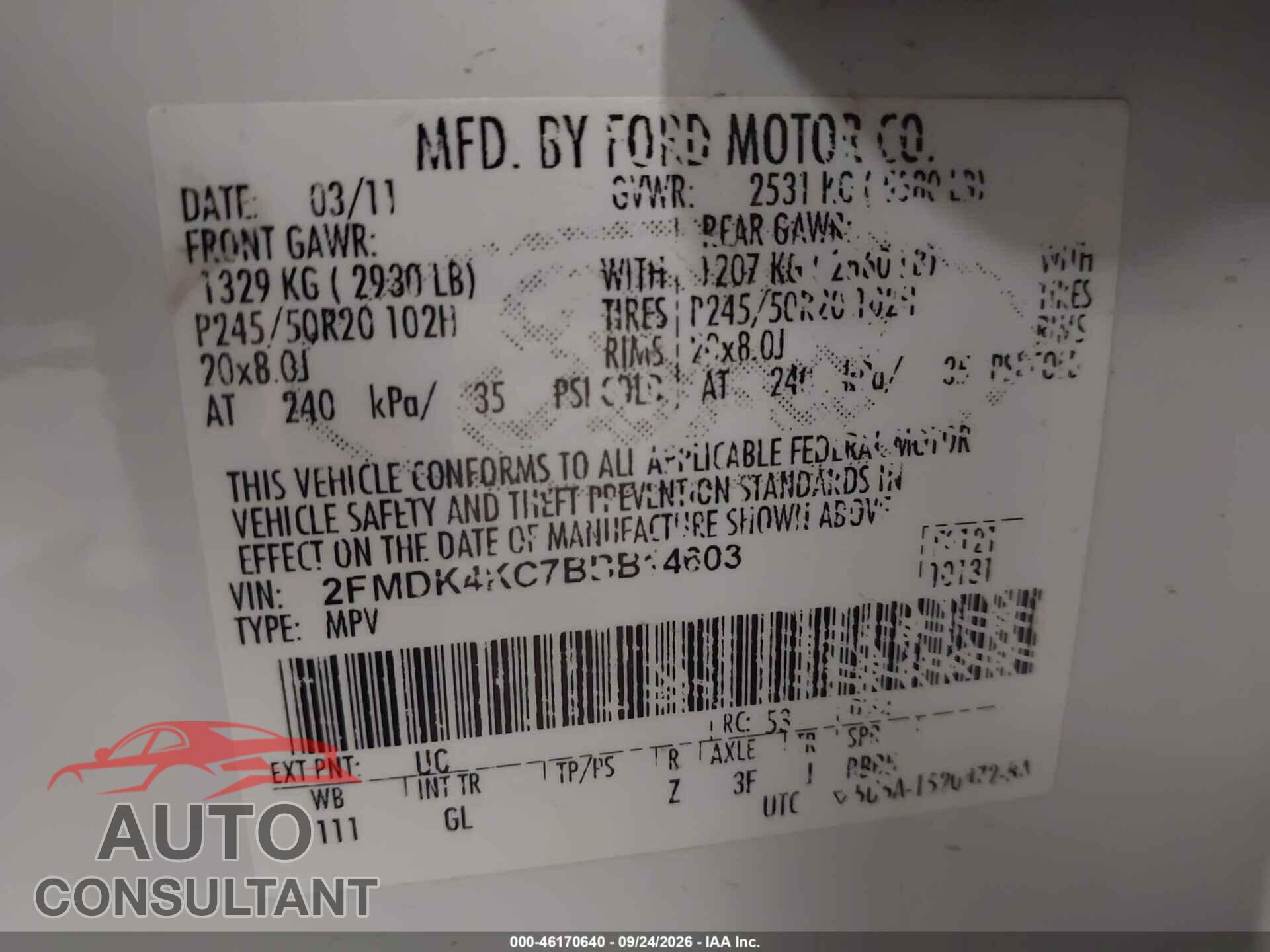 FORD EDGE 2011 - 2FMDK4KC7BBB14603