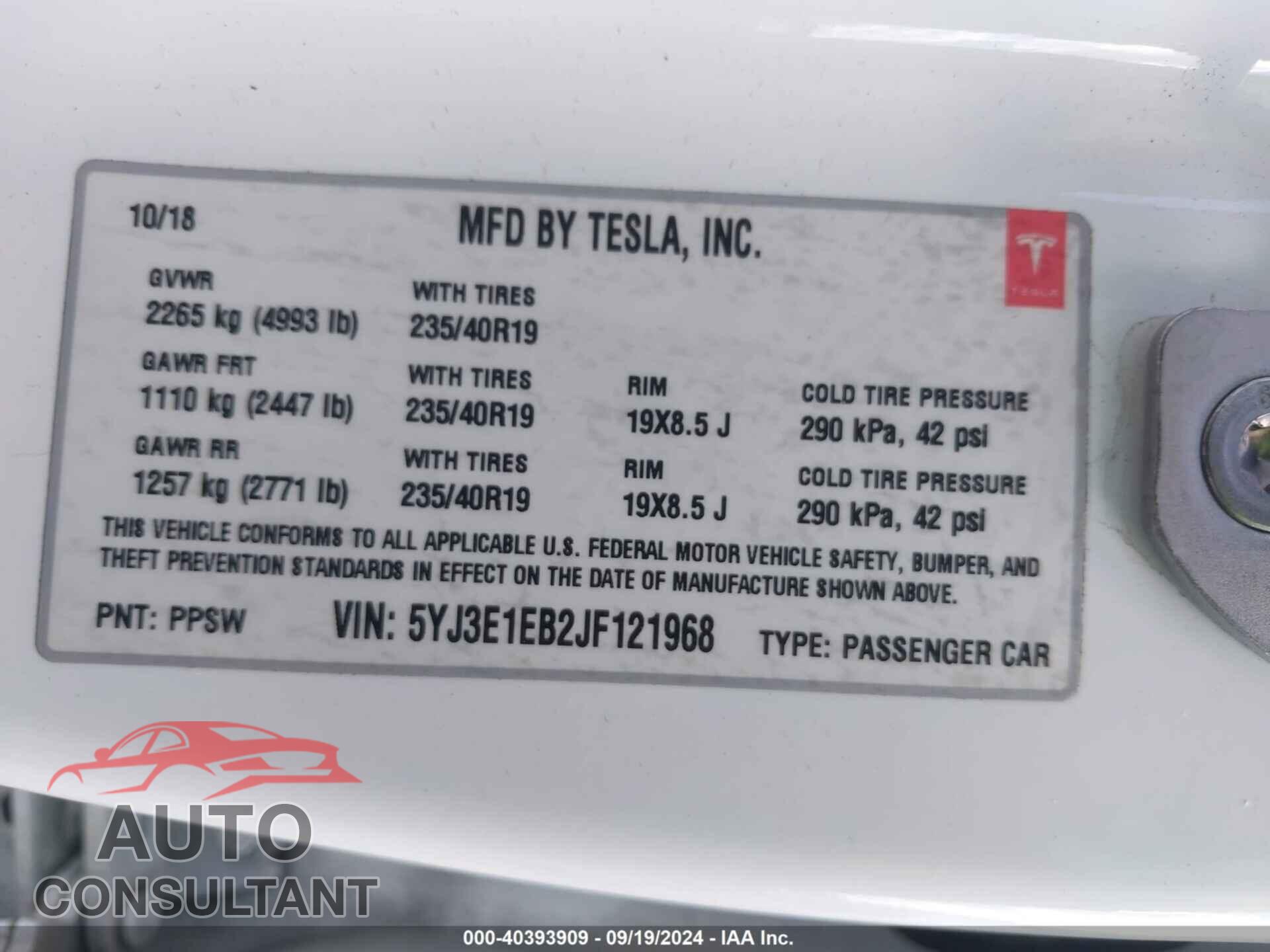 TESLA MODEL 3 2018 - 5YJ3E1EB2JF121968