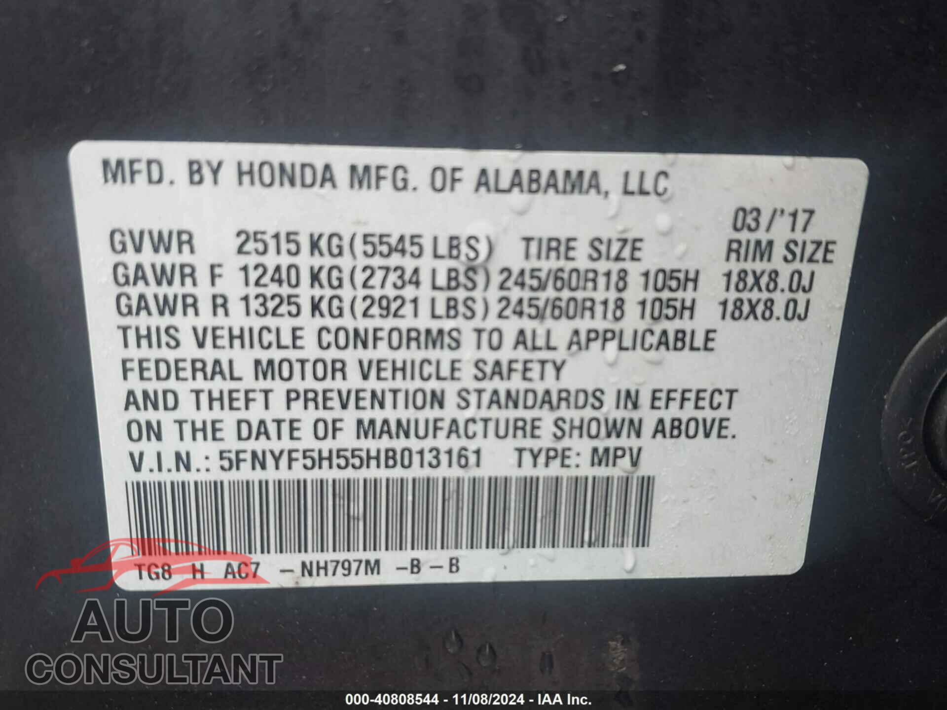 HONDA PILOT 2017 - 5FNYF5H55HB013161