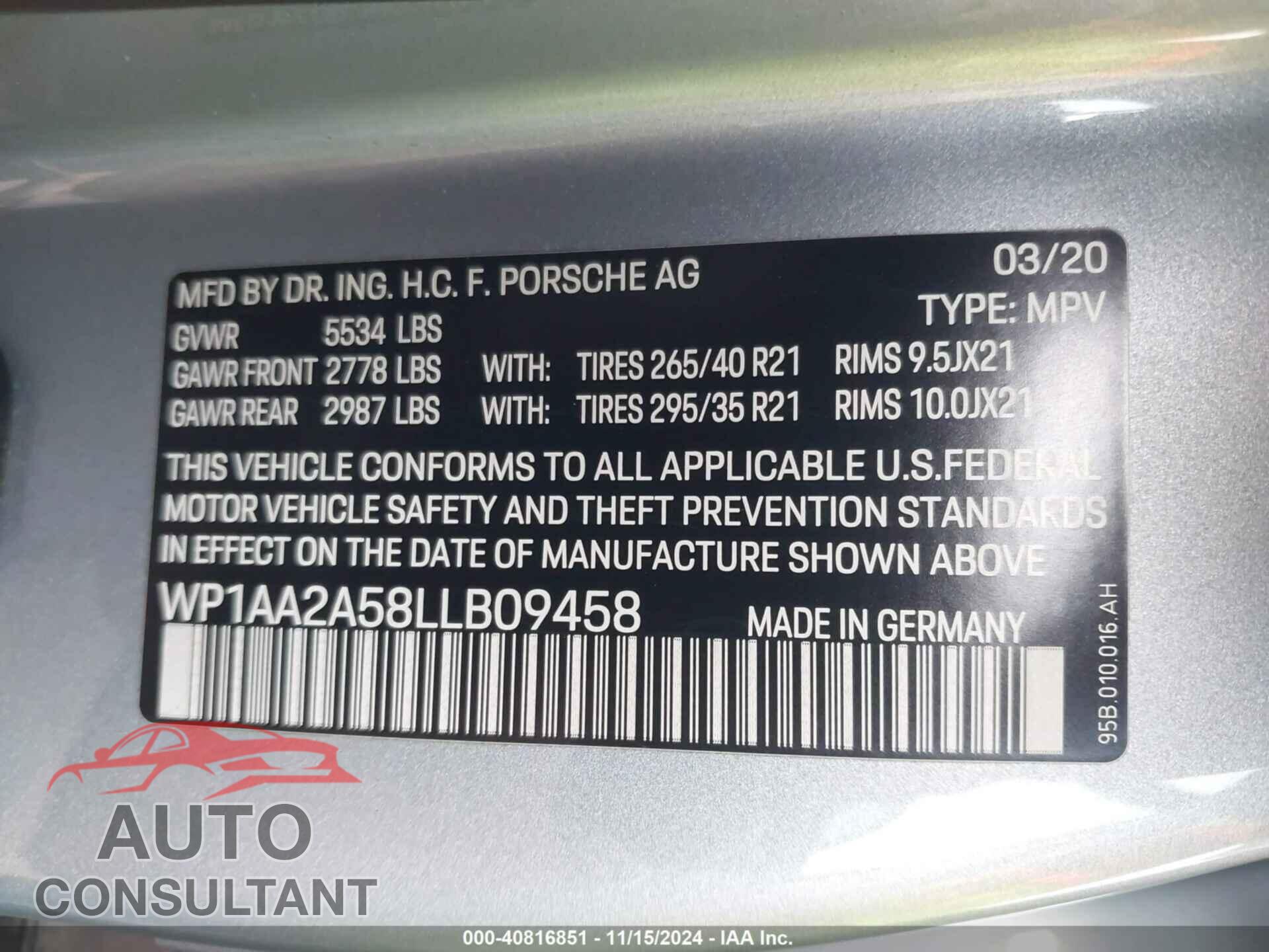 PORSCHE MACAN 2020 - WP1AA2A58LLB09458