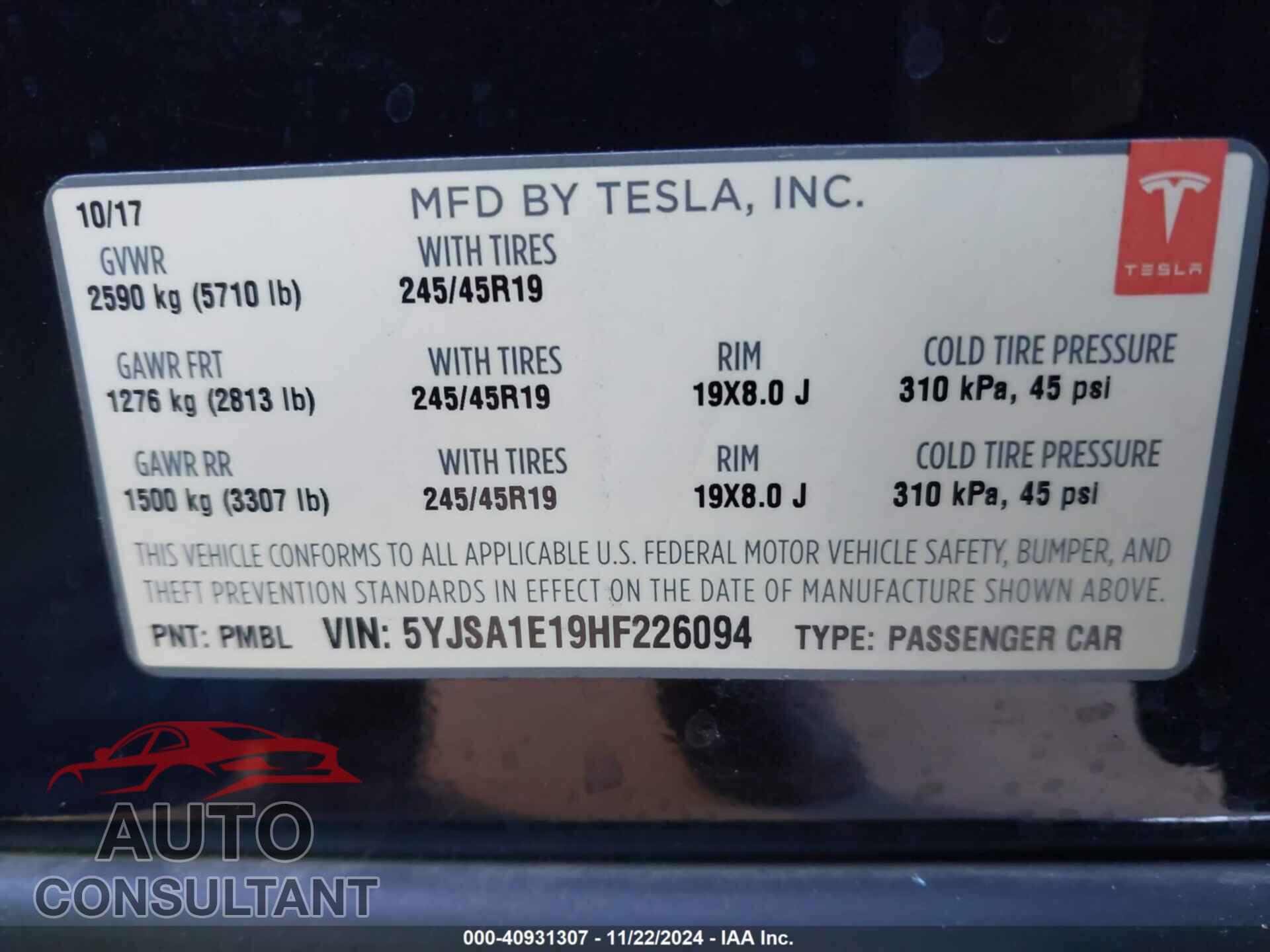 TESLA MODEL S 2017 - 5YJSA1E19HF226094