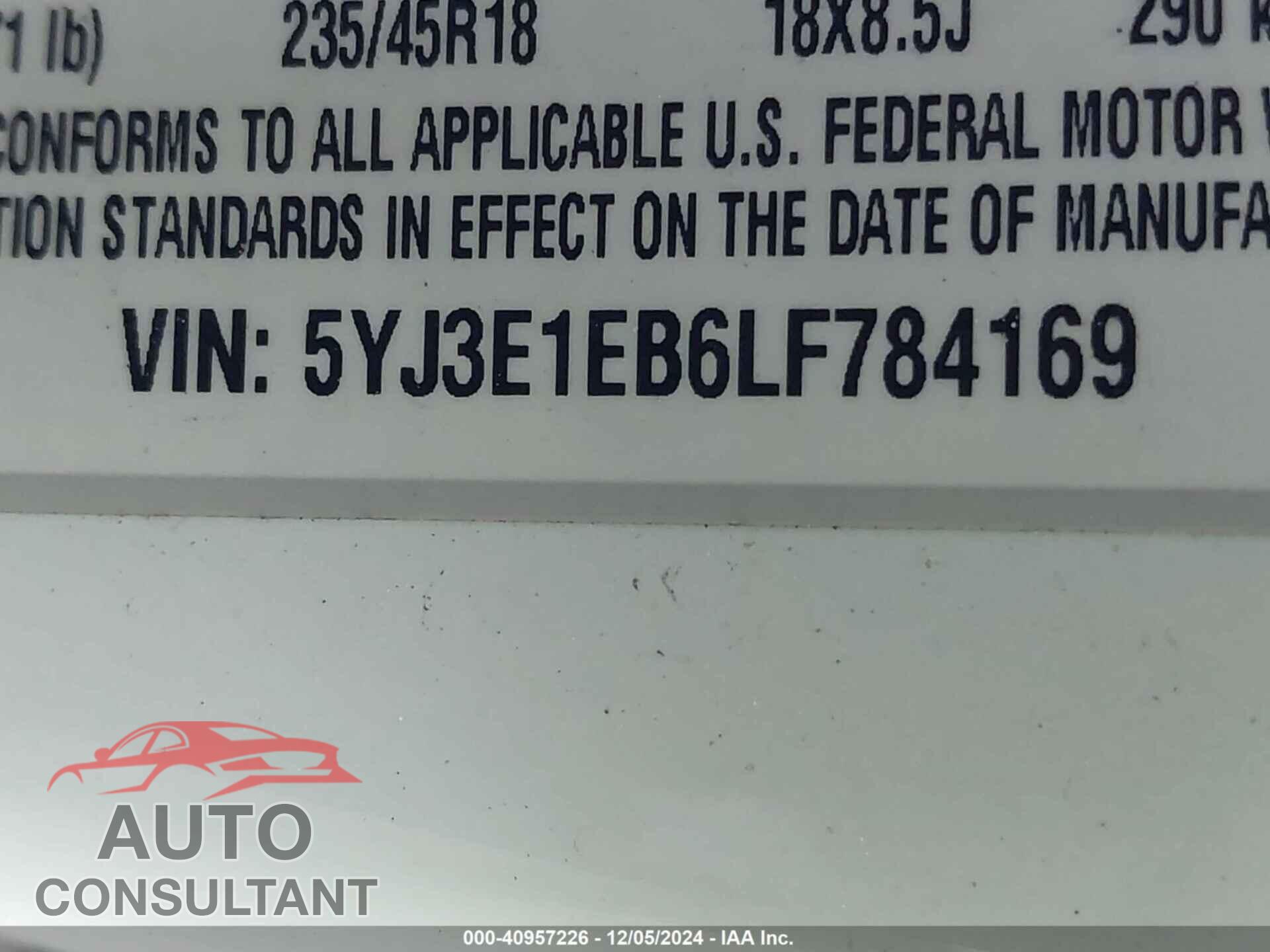 TESLA MODEL 3 2020 - 5YJ3E1EB6LF784169