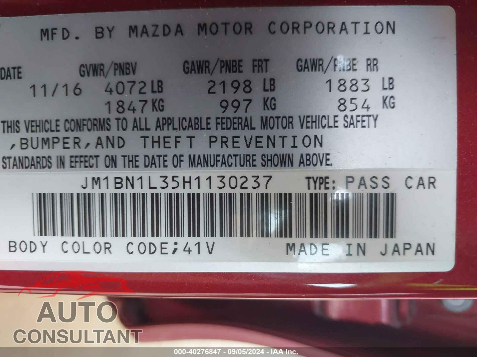 MAZDA MAZDA3 2017 - JM1BN1L35H1130237