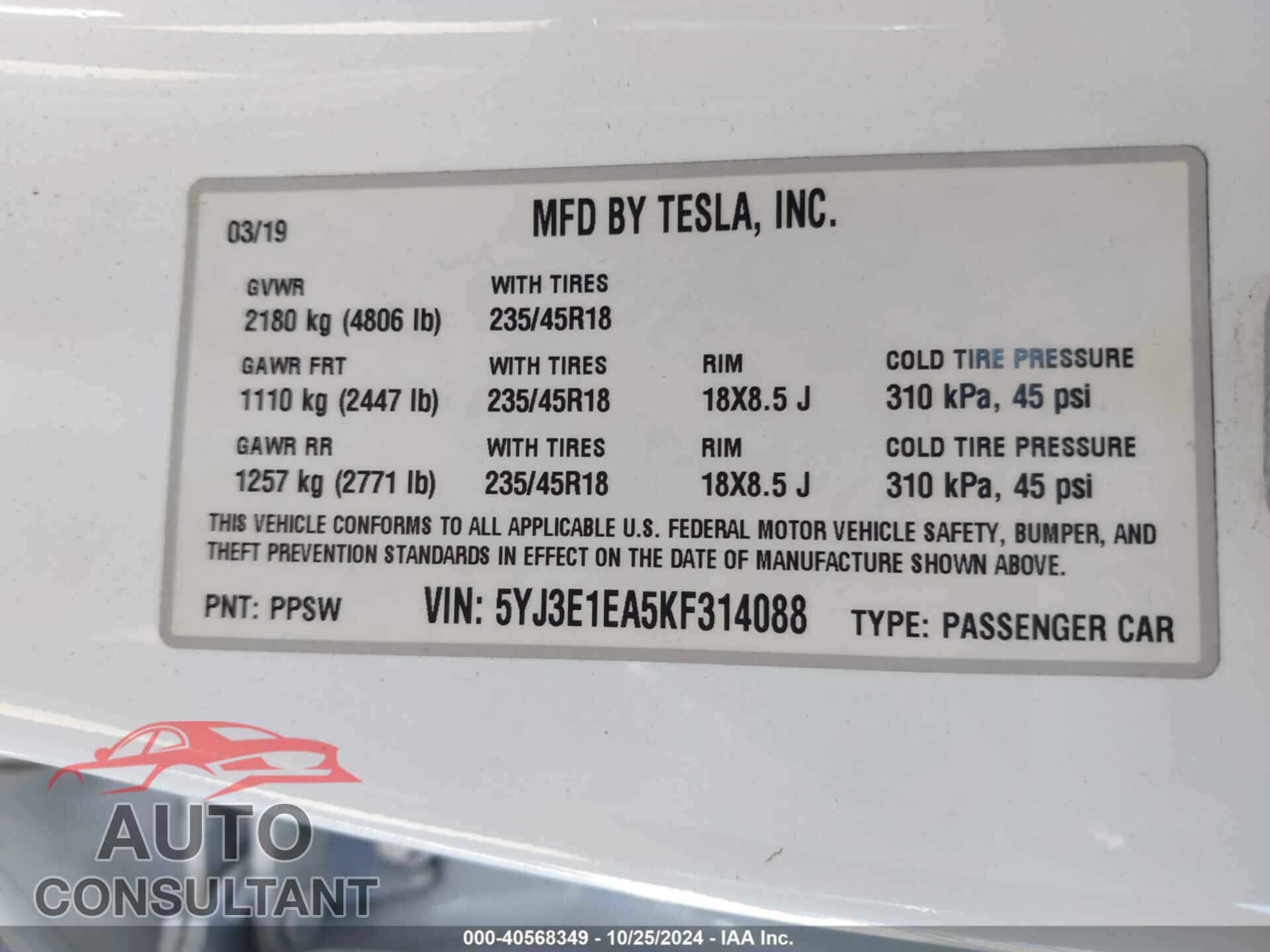 TESLA MODEL 3 2019 - 5YJ3E1EA5KF314088