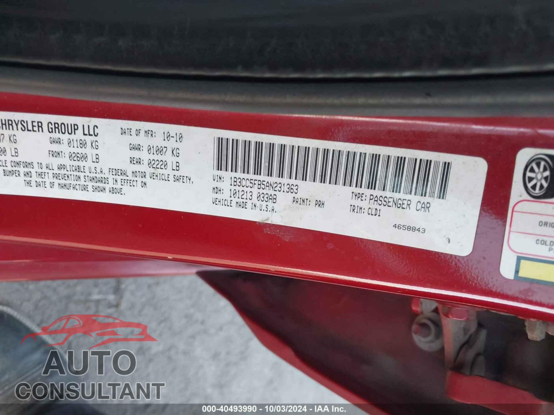 DODGE AVENGER 2010 - 1B3CC5FB5AN231363