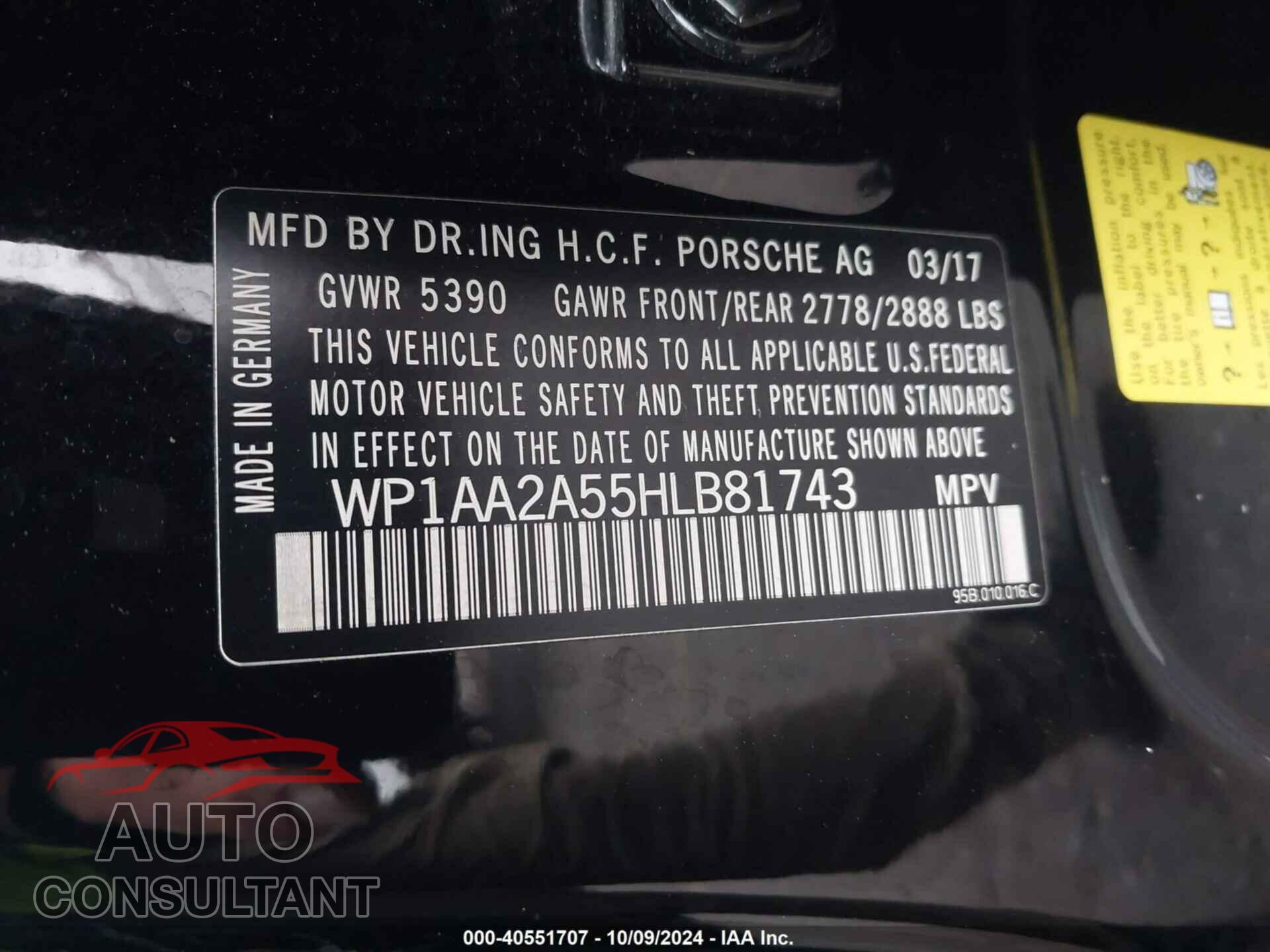 PORSCHE MACAN 2017 - WP1AA2A55HLB81743