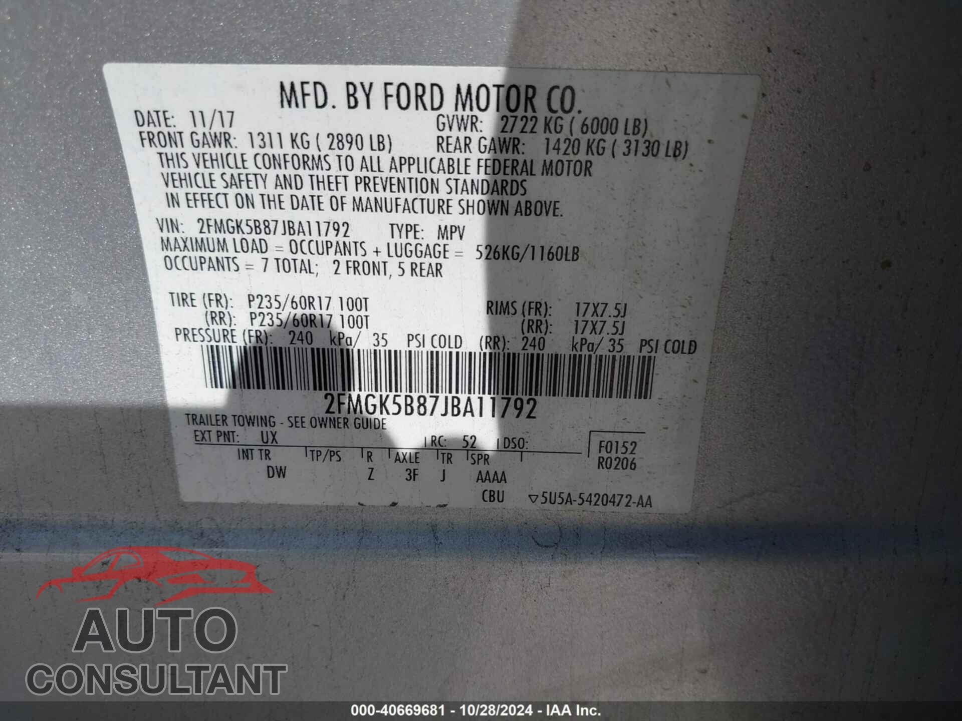 FORD FLEX 2018 - 2FMGK5B87JBA11792