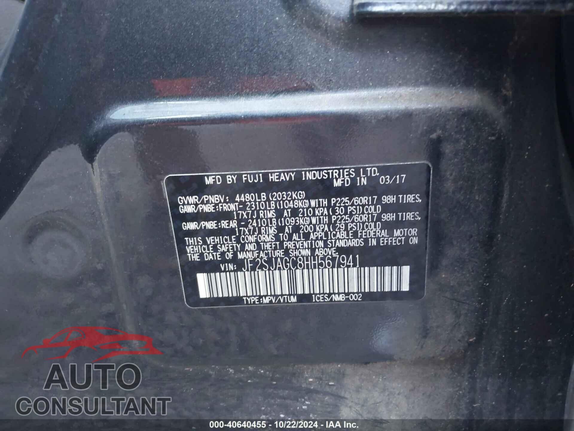 SUBARU FORESTER 2017 - JF2SJAGC8HH567941